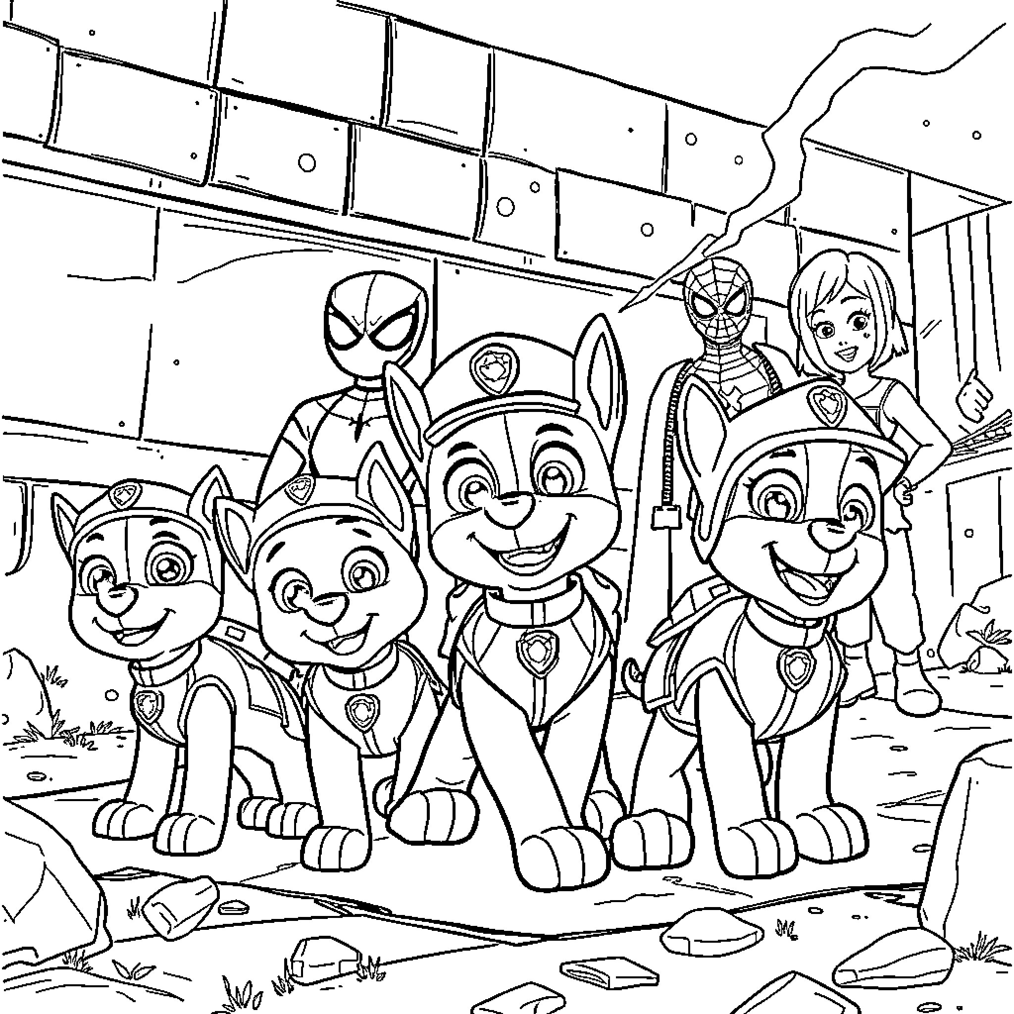 Paw Patrol characters in a group scene Coloring Page (free black-and-white line drawing printable PDF for all, from beginners to advanced learners, including children, teens, adults, and seniors)