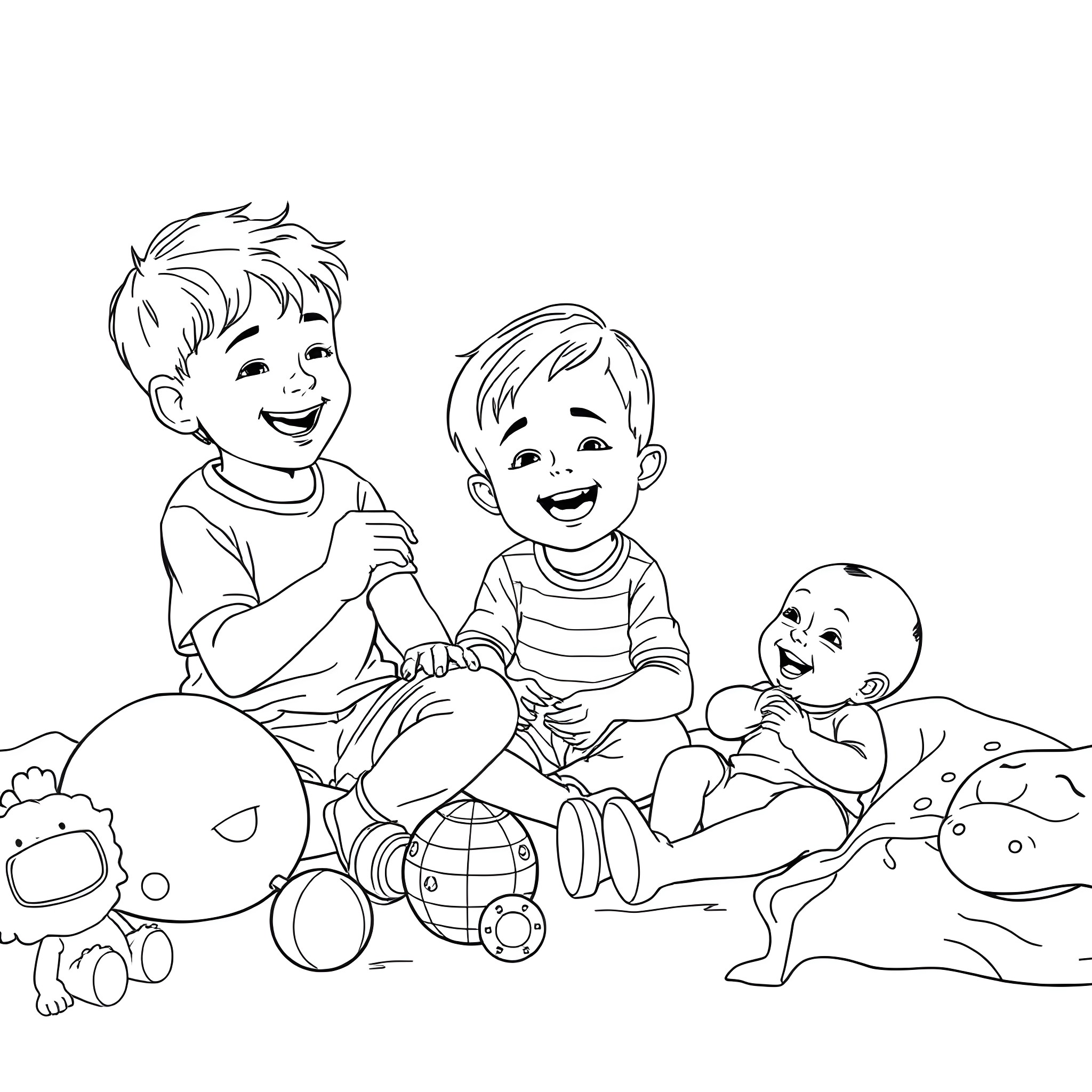 Child friends playing happily with toys on the floor Coloring Page (free black-and-white line drawing printable PDF for all, from beginners to advanced learners, including children, teens, adults, and seniors)
