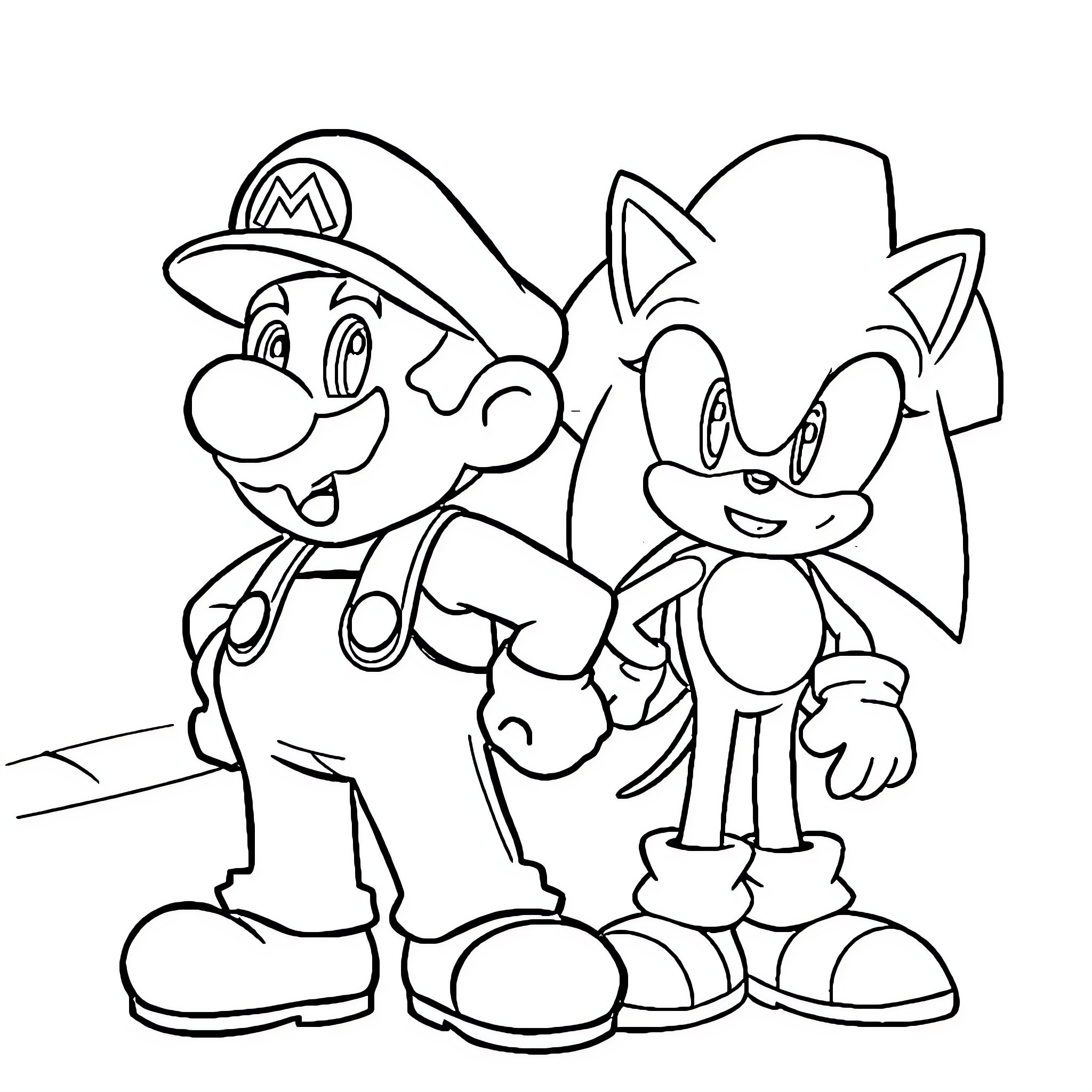 Mario and Sonic's Friendly Adventure Coloring Page (free black-and-white line drawing printable PDF for all, from beginners to advanced learners, including children, teens, adults, and seniors)