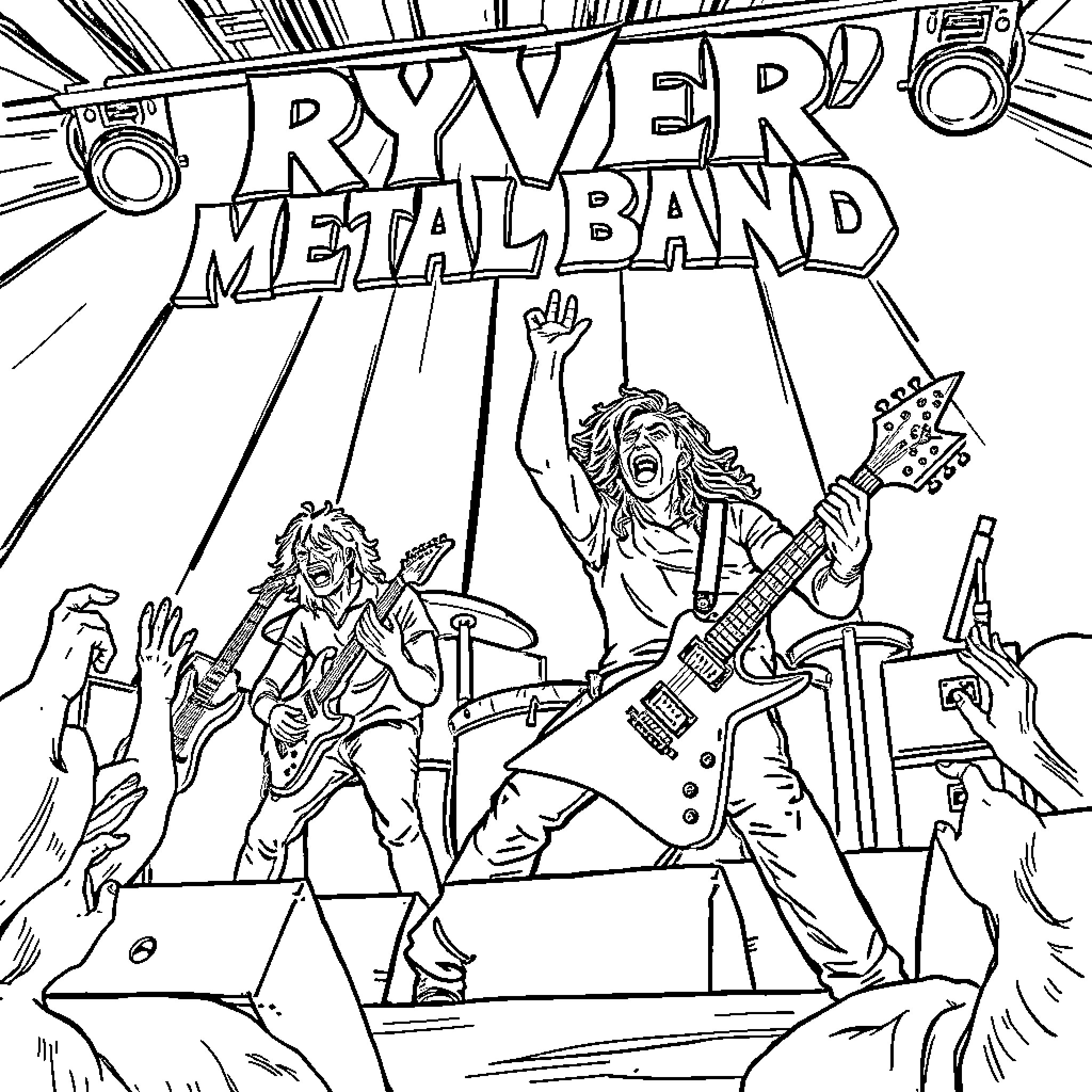 Band of Metal Musicians Performing Energetically Coloring Page (free black-and-white line drawing printable PDF for all, from beginners to advanced learners, including children, teens, adults, and seniors)