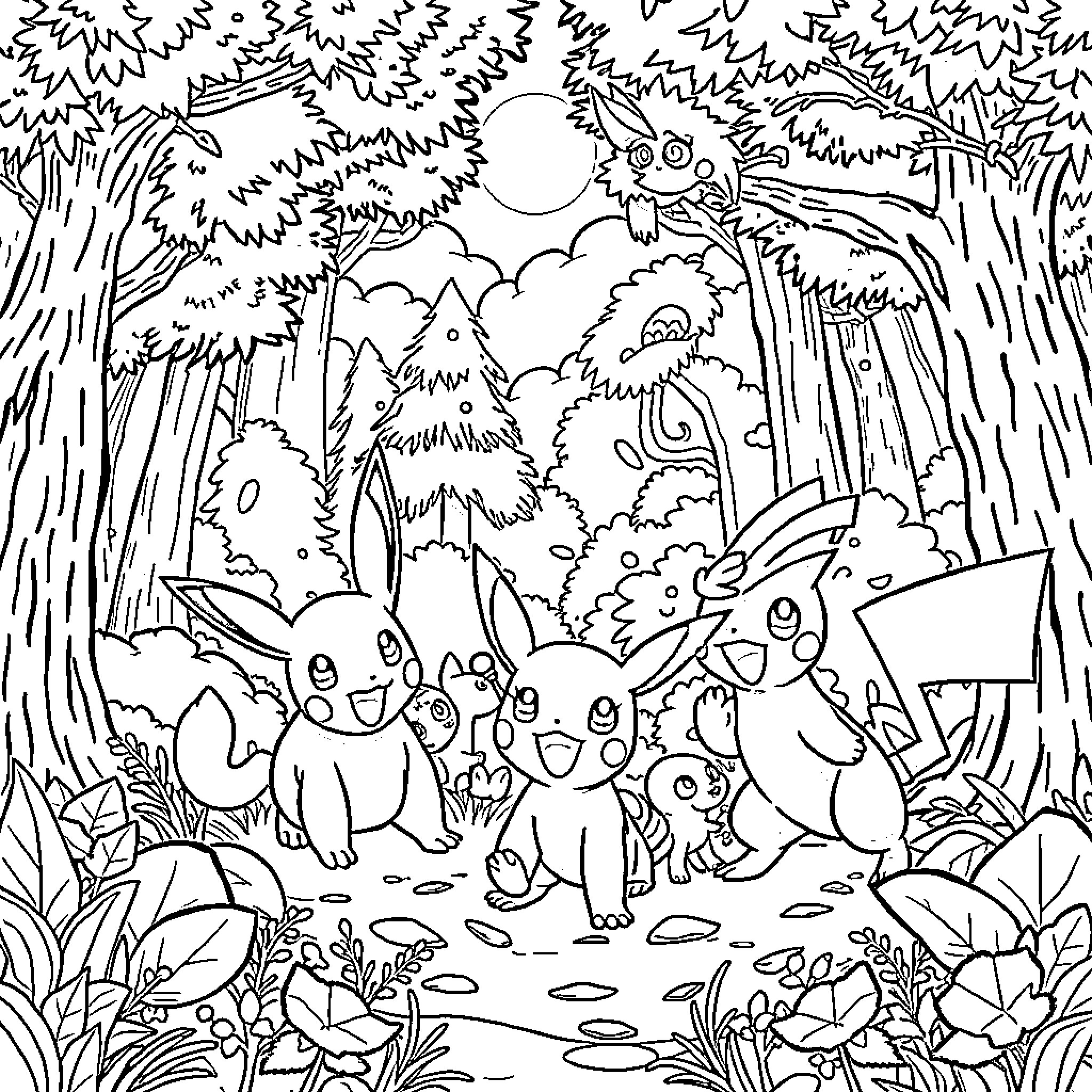 Pokémon playing and exploring in the forest Coloring Page (free black-and-white line drawing printable PDF for all, from beginners to advanced learners, including children, teens, adults, and seniors)