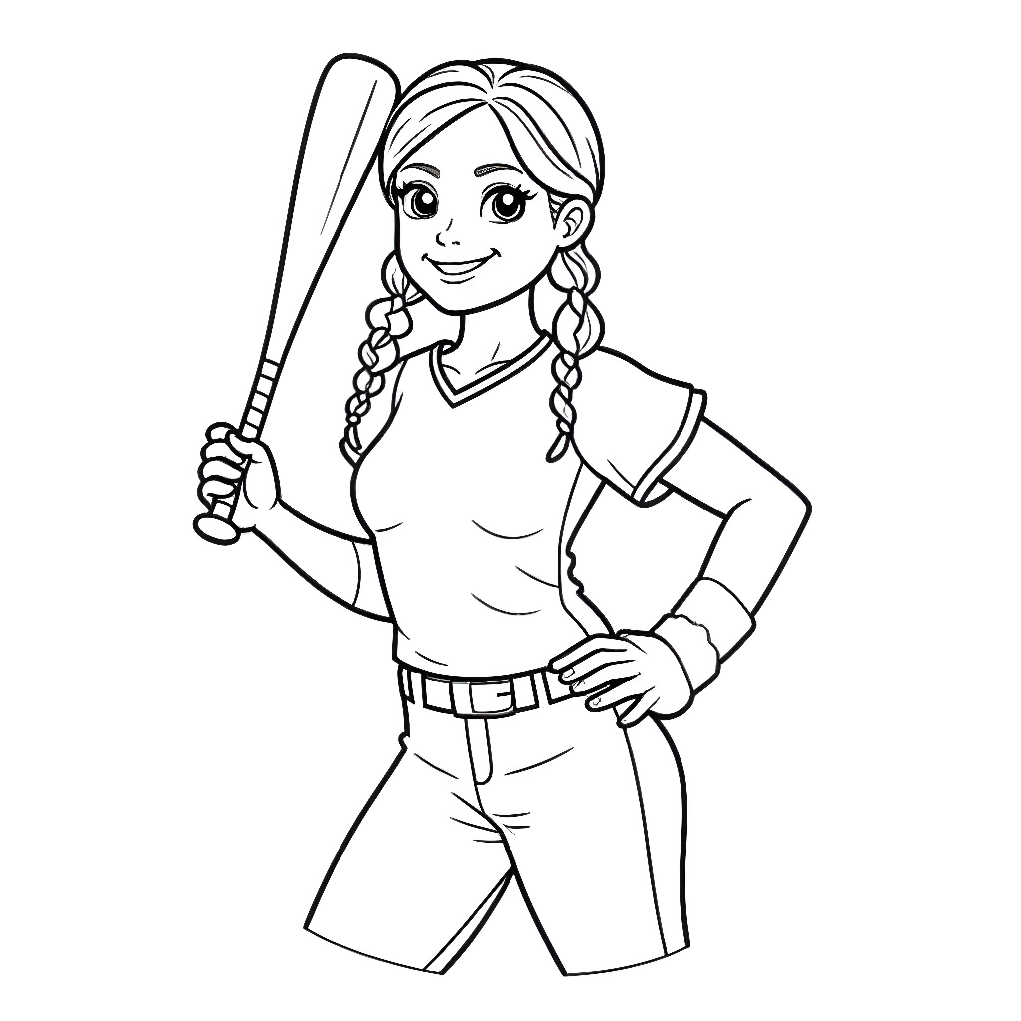 Softball Player with Braids Holding Bat Coloring Page (free black-and-white line drawing printable PDF for all, from beginners to advanced learners, including children, teens, adults, and seniors)