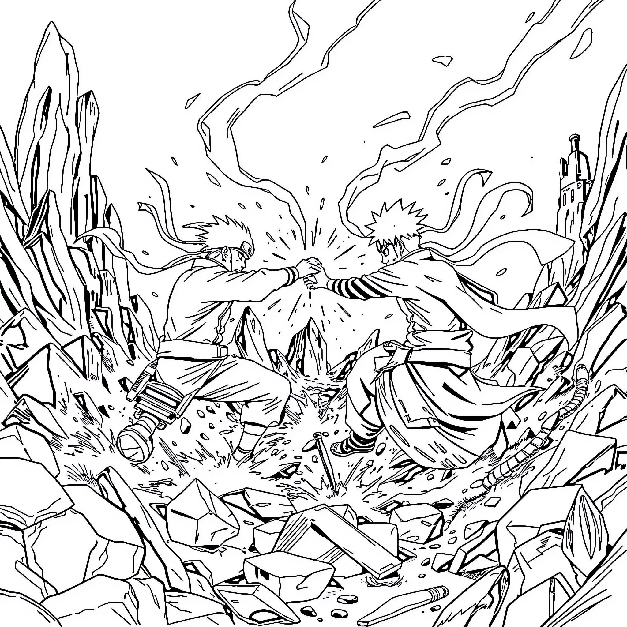 Naruto characters in intense battle with explosions Coloring Page (free black-and-white line drawing printable PDF for all, from beginners to advanced learners, including children, teens, adults, and seniors)