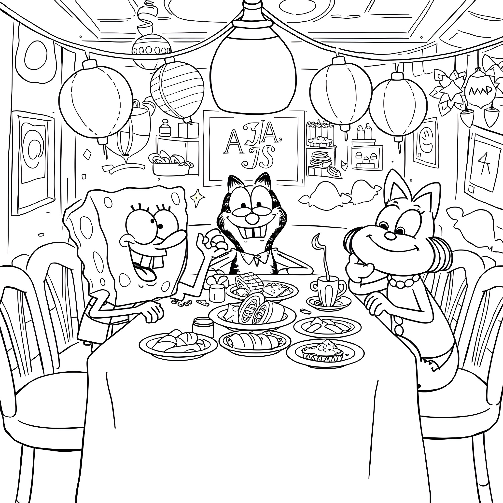 Spongebob and friends having a festive party Coloring Page (free black-and-white line drawing printable PDF for all, from beginners to advanced learners, including children, teens, adults, and seniors)