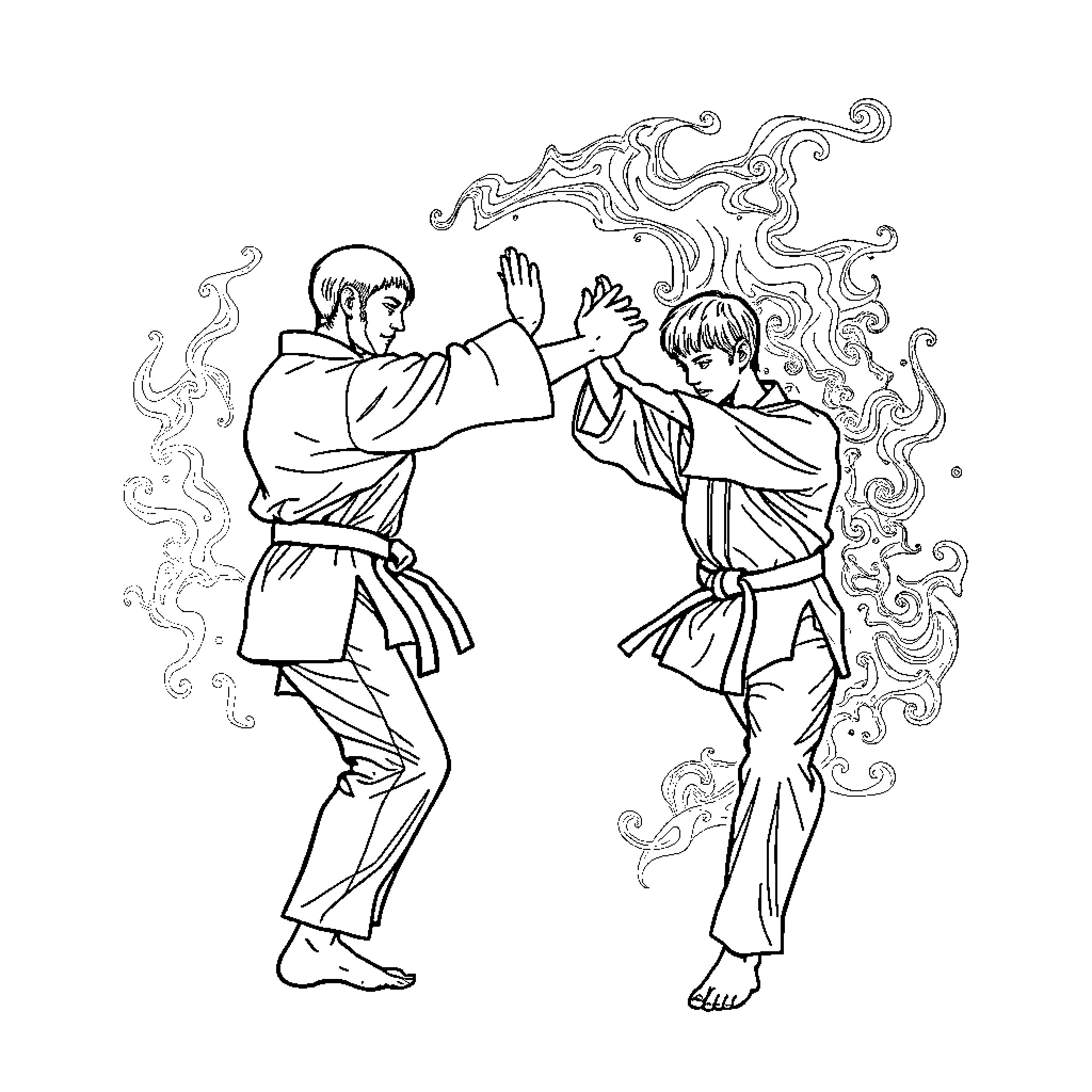Taekwondo practitioners engaging in dynamic combat moves Coloring Page (free black-and-white line drawing printable PDF for all, from beginners to advanced learners, including children, teens, adults, and seniors)