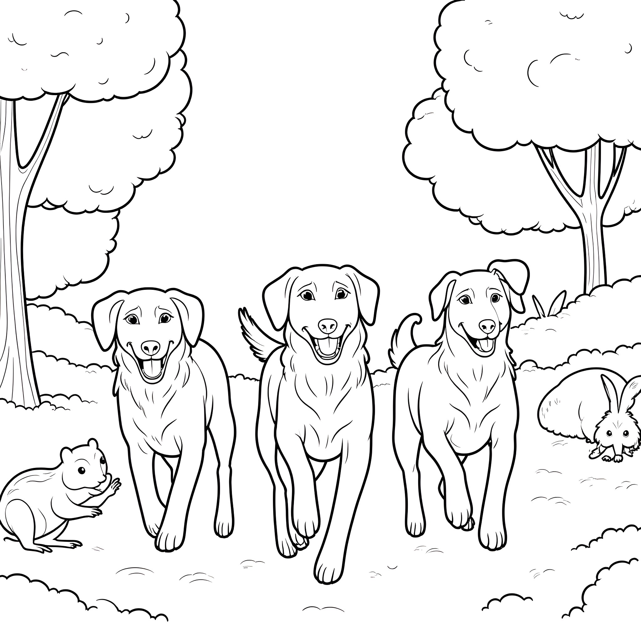 Dog Friends Enjoying Outdoor Adventure Coloring Page (free black-and-white line drawing printable PDF for all, from beginners to advanced learners, including children, teens, adults, and seniors)