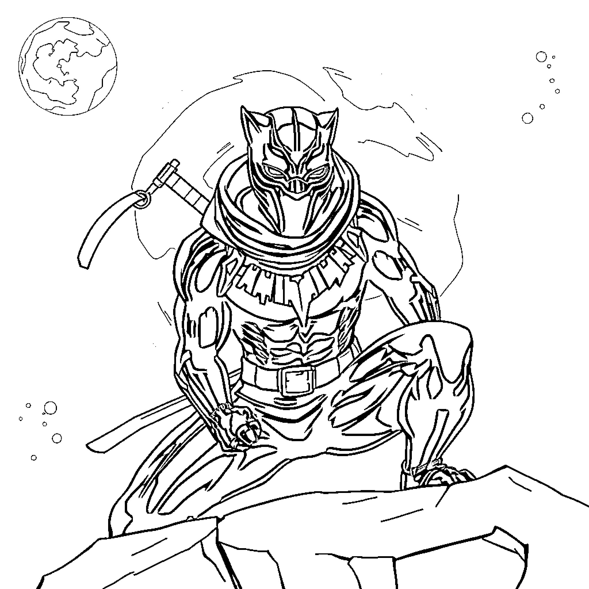 Panther warrior wielding futuristic weapon on alien planet Coloring Page (free black-and-white line drawing printable PDF for all, from beginners to advanced learners, including children, teens, adults, and seniors)