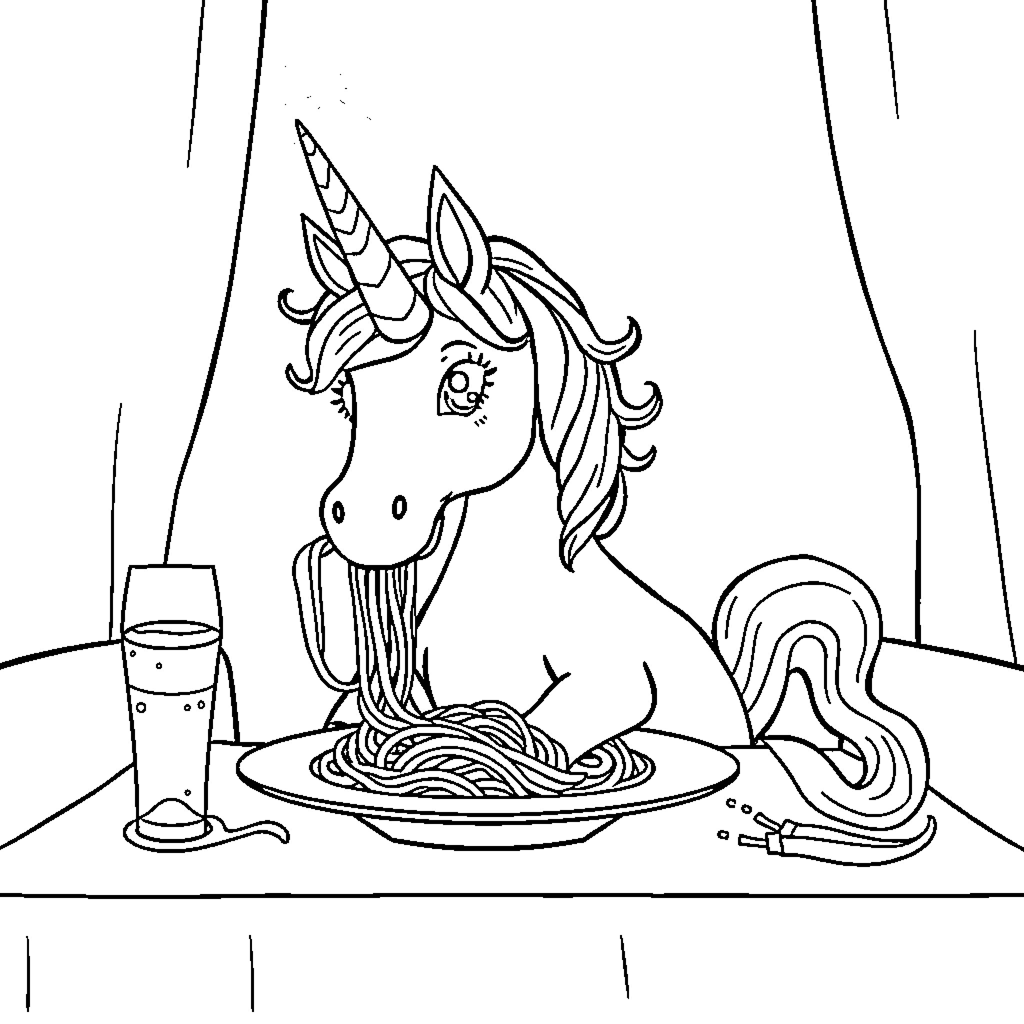 Unicorn enjoying a tasty spaghetti dinner Coloring Page (free black-and-white line drawing printable PDF for all, from beginners to advanced learners, including children, teens, adults, and seniors)
