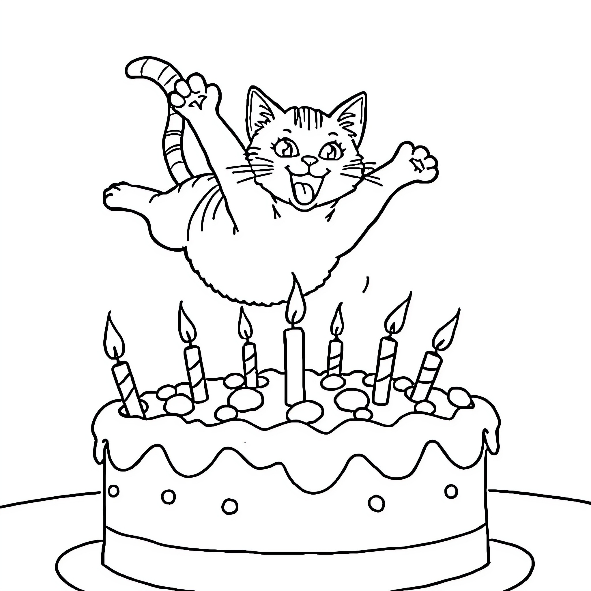 Cat Celebrating Birthday with Cake and Candles Coloring Page (free black-and-white line drawing printable PDF for all, from beginners to advanced learners, including children, teens, adults, and seniors)