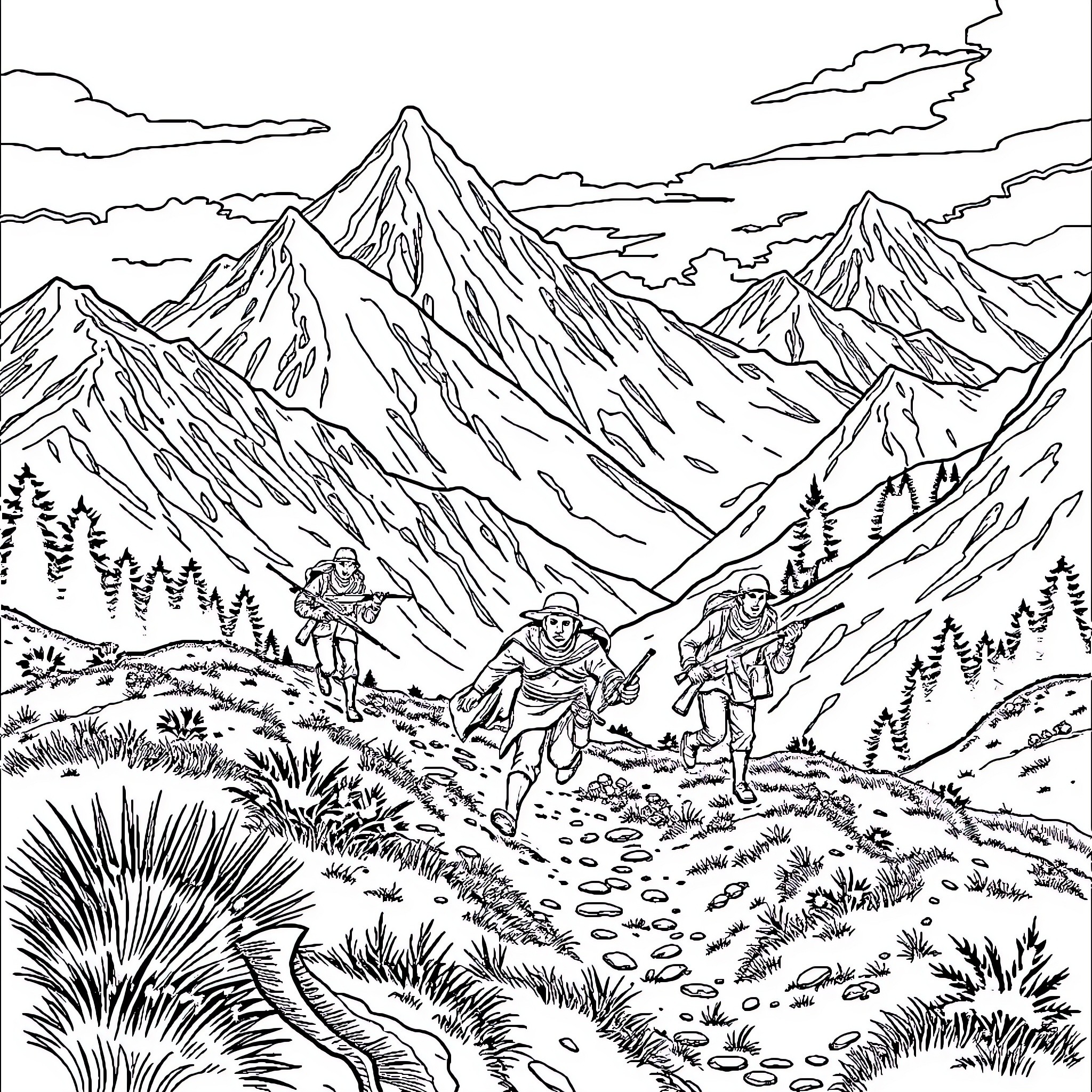 Jewish Highland People Trekking Through Majestic Mountains Coloring Page (free black-and-white line drawing printable PDF for all, from beginners to advanced learners, including children, teens, adults, and seniors)