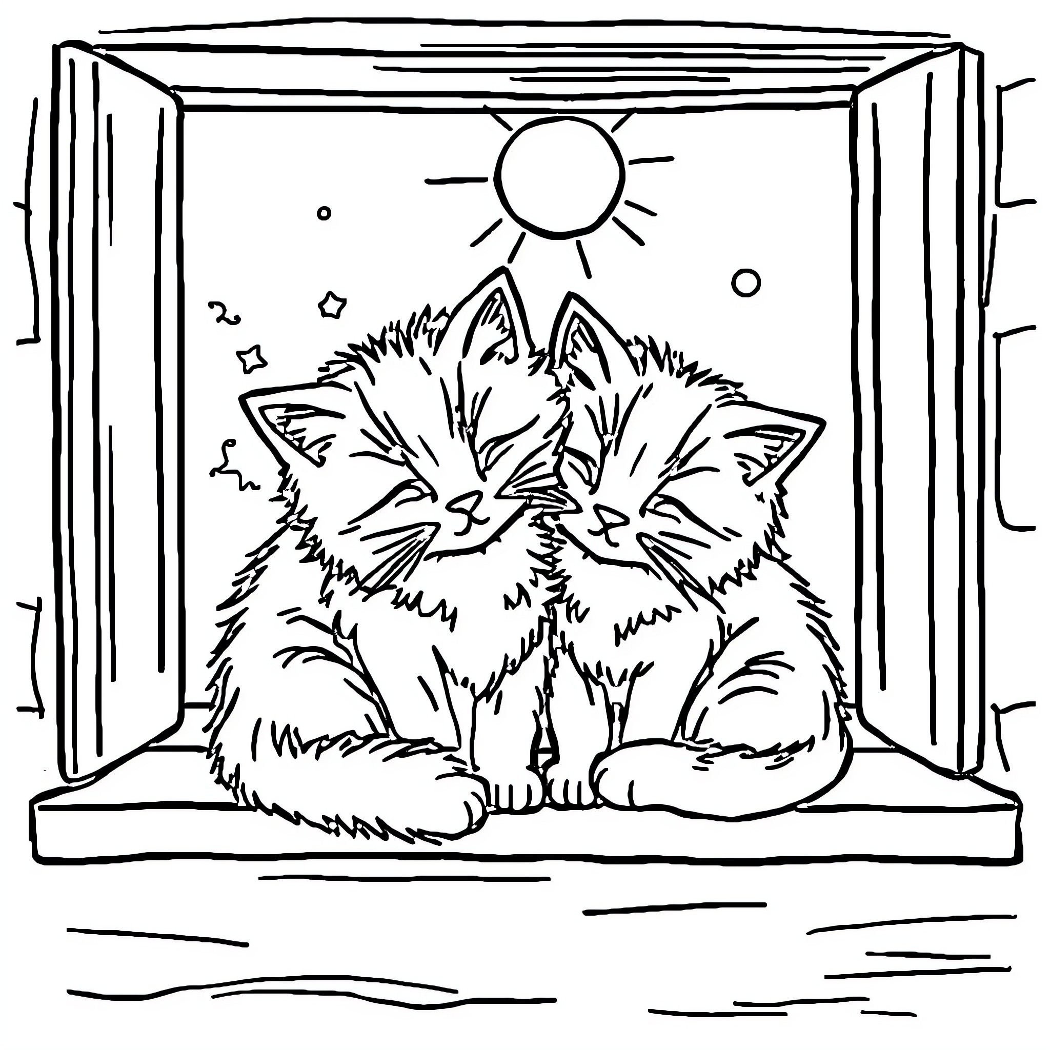 Cat enjoying sunshine through window Coloring Page (free black-and-white line drawing printable PDF for all, from beginners to advanced learners, including children, teens, adults, and seniors)