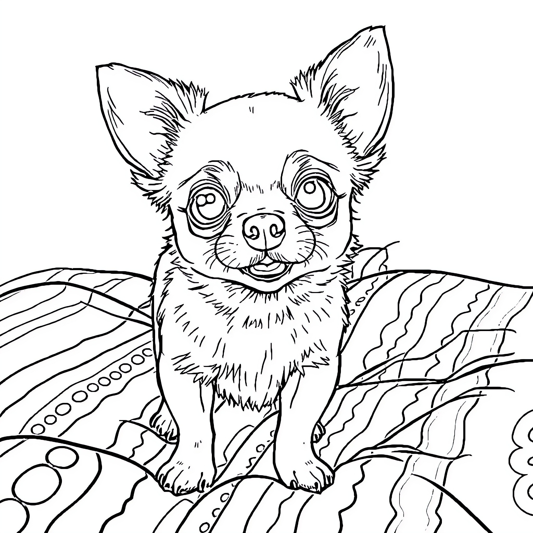 Chihuahua enjoying a patterned blanket Coloring Page (free black-and-white line drawing printable PDF for all, from beginners to advanced learners, including children, teens, adults, and seniors)