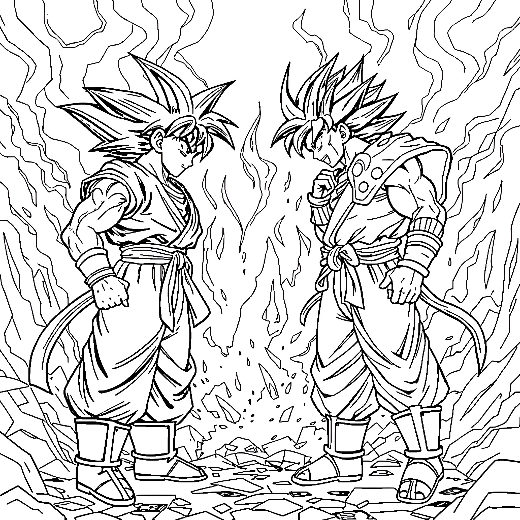 Goku and Goku Rivals Intense Clash Coloring Page (free black-and-white line drawing printable PDF for all, from beginners to advanced learners, including children, teens, adults, and seniors)