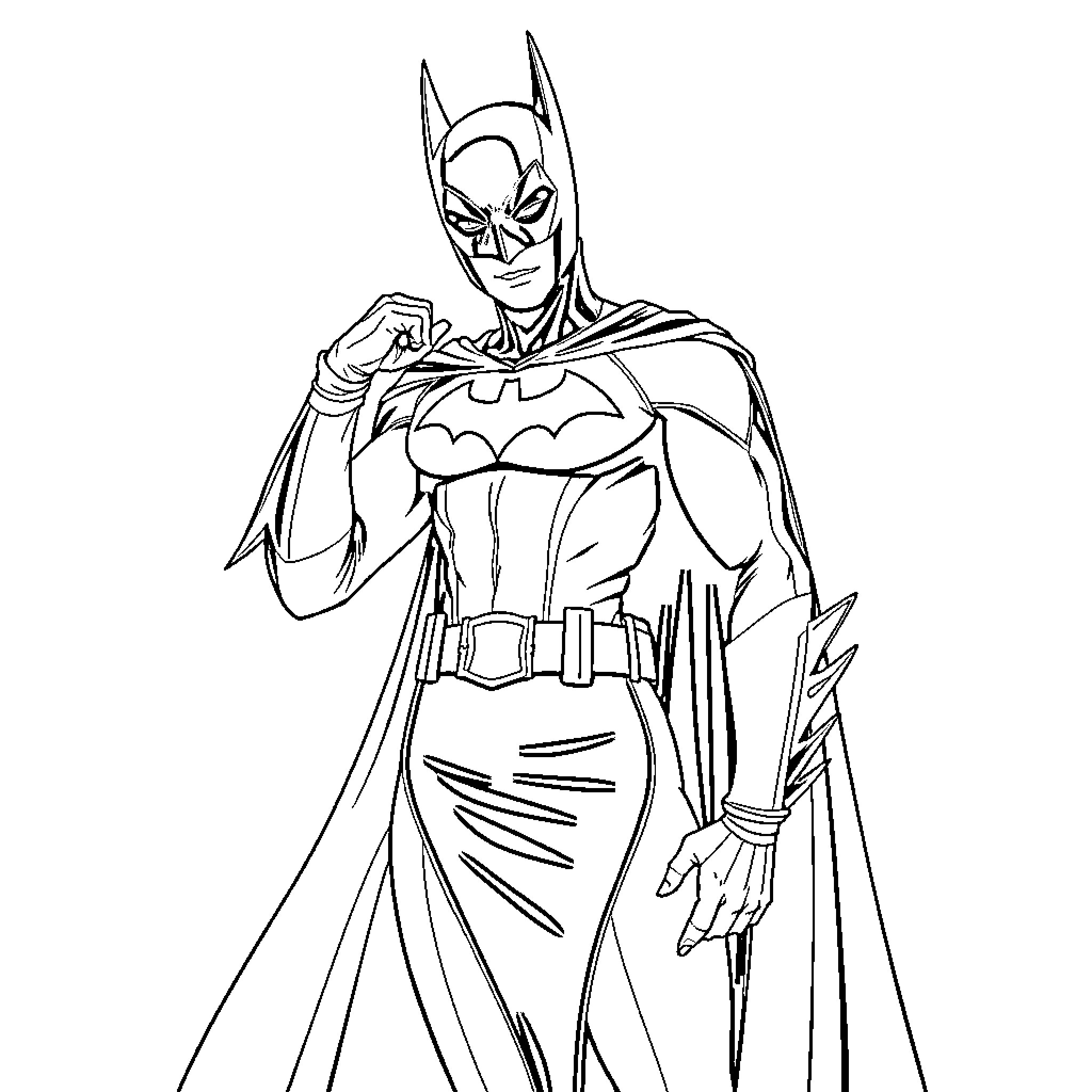 Batman in Heroic Pose with Costume Coloring Page (free black-and-white line drawing printable PDF for all, from beginners to advanced learners, including children, teens, adults, and seniors)