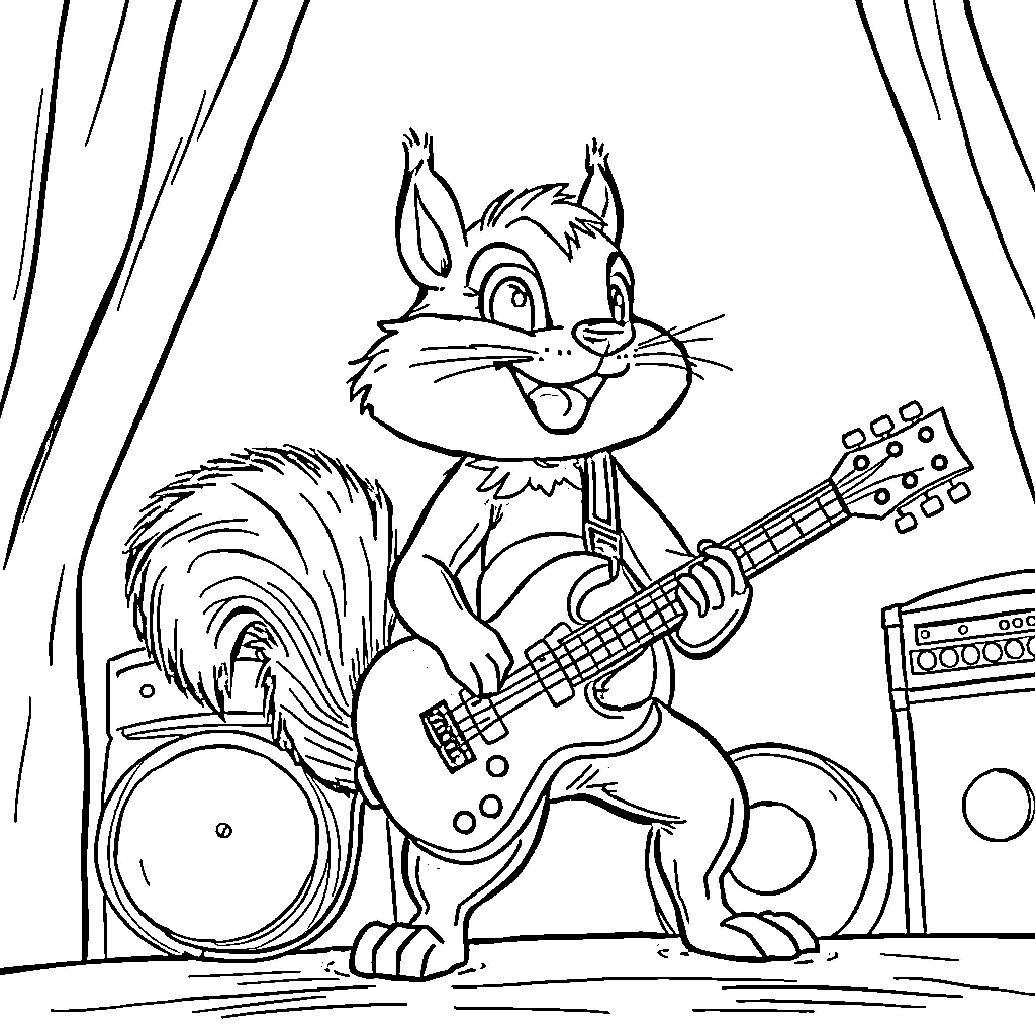 Squirrel playing guitar on stage Coloring Page (free black-and-white line drawing printable PDF for all, from beginners to advanced learners, including children, teens, adults, and seniors)