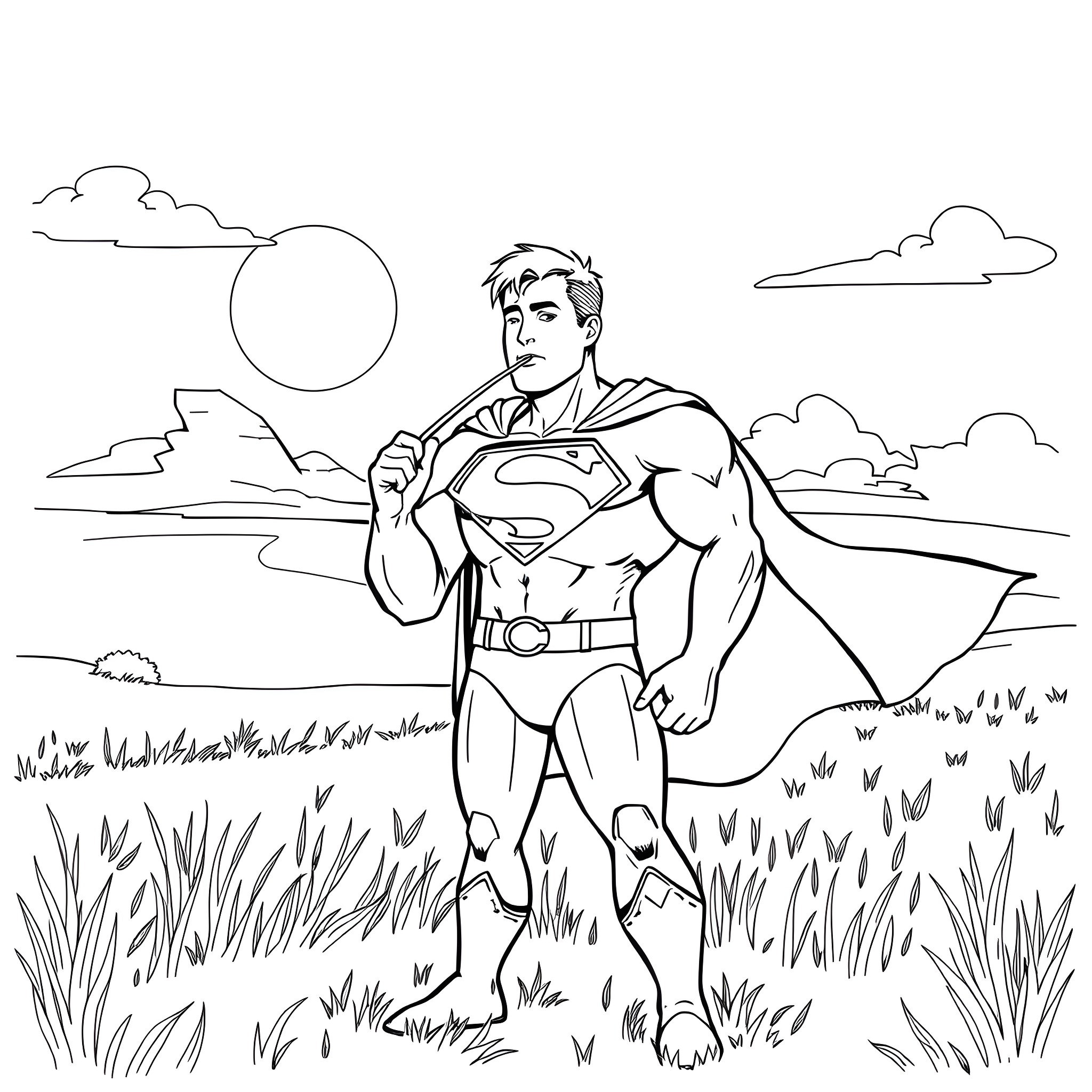 Superman standing heroically in the wilderness Coloring Page (free black-and-white line drawing printable PDF for all, from beginners to advanced learners, including children, teens, adults, and seniors)