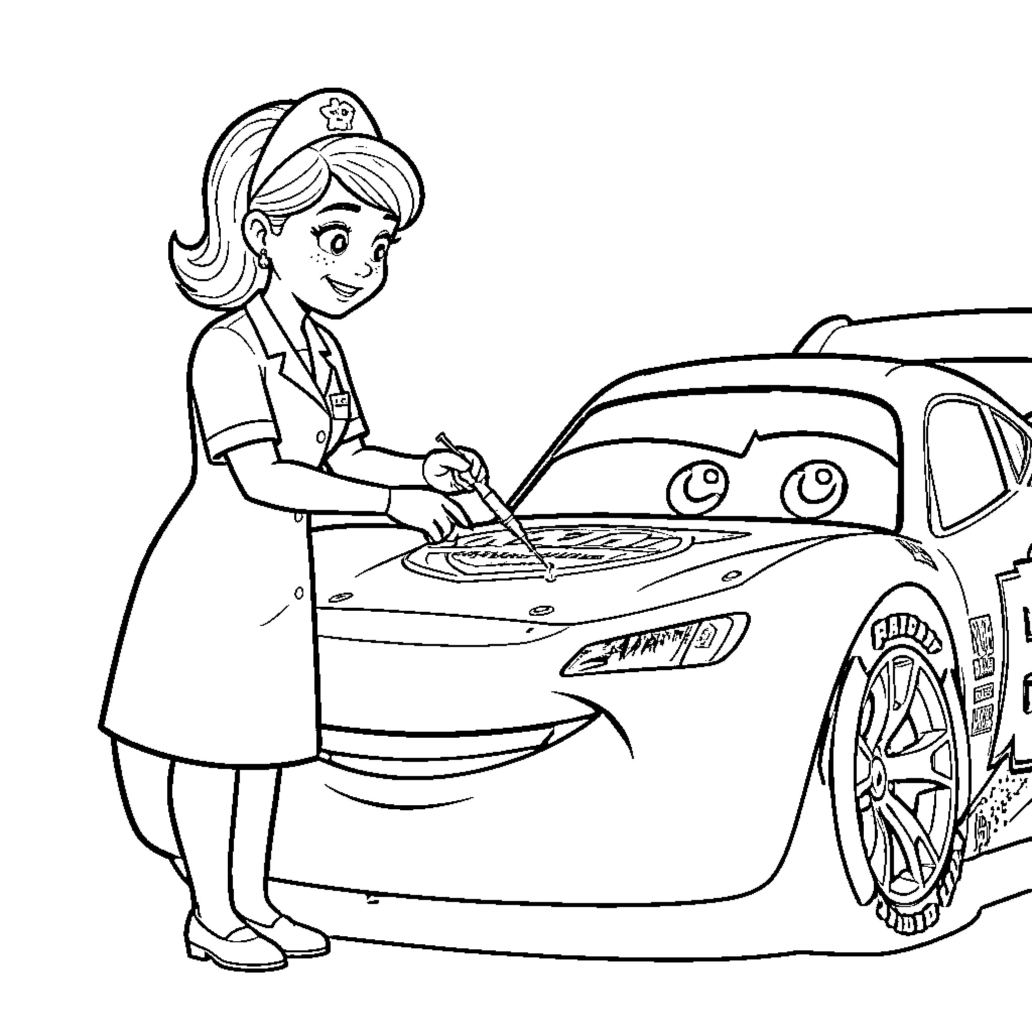 Sally works happily on a car in the garage Coloring Page (free black-and-white line drawing printable PDF for all, from beginners to advanced learners, including children, teens, adults, and seniors)
