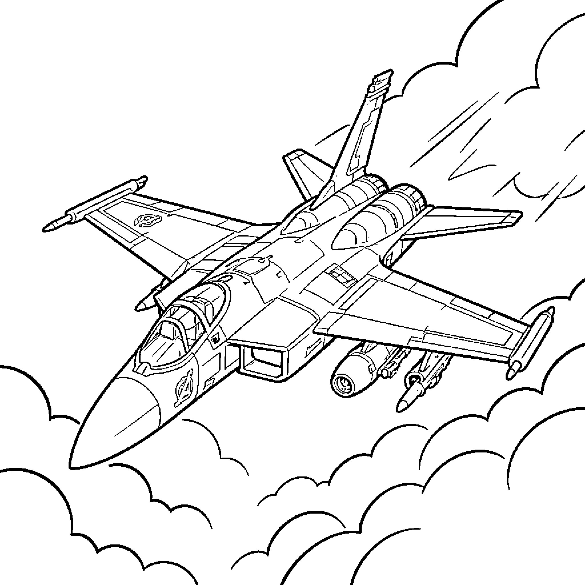 Avengers Fighter Jet soaring through the clouds Coloring Page (free black-and-white line drawing printable PDF for all, from beginners to advanced learners, including children, teens, adults, and seniors)