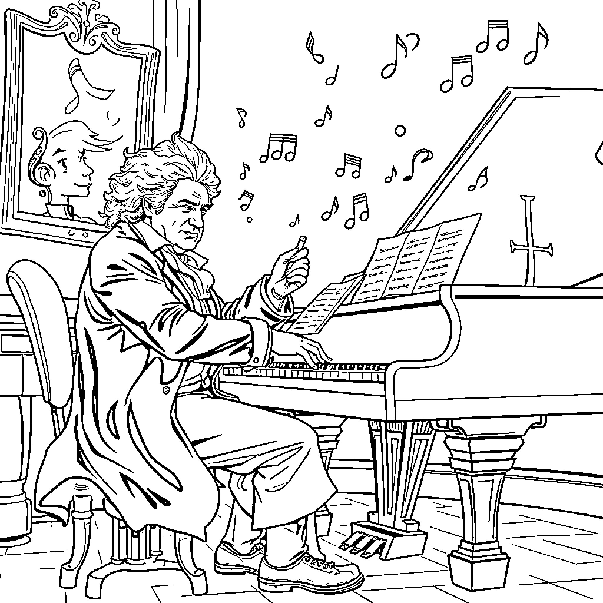 Beethoven Composing His Masterpieces at the Piano Coloring Page (free black-and-white line drawing printable PDF for all, from beginners to advanced learners, including children, teens, adults, and seniors)