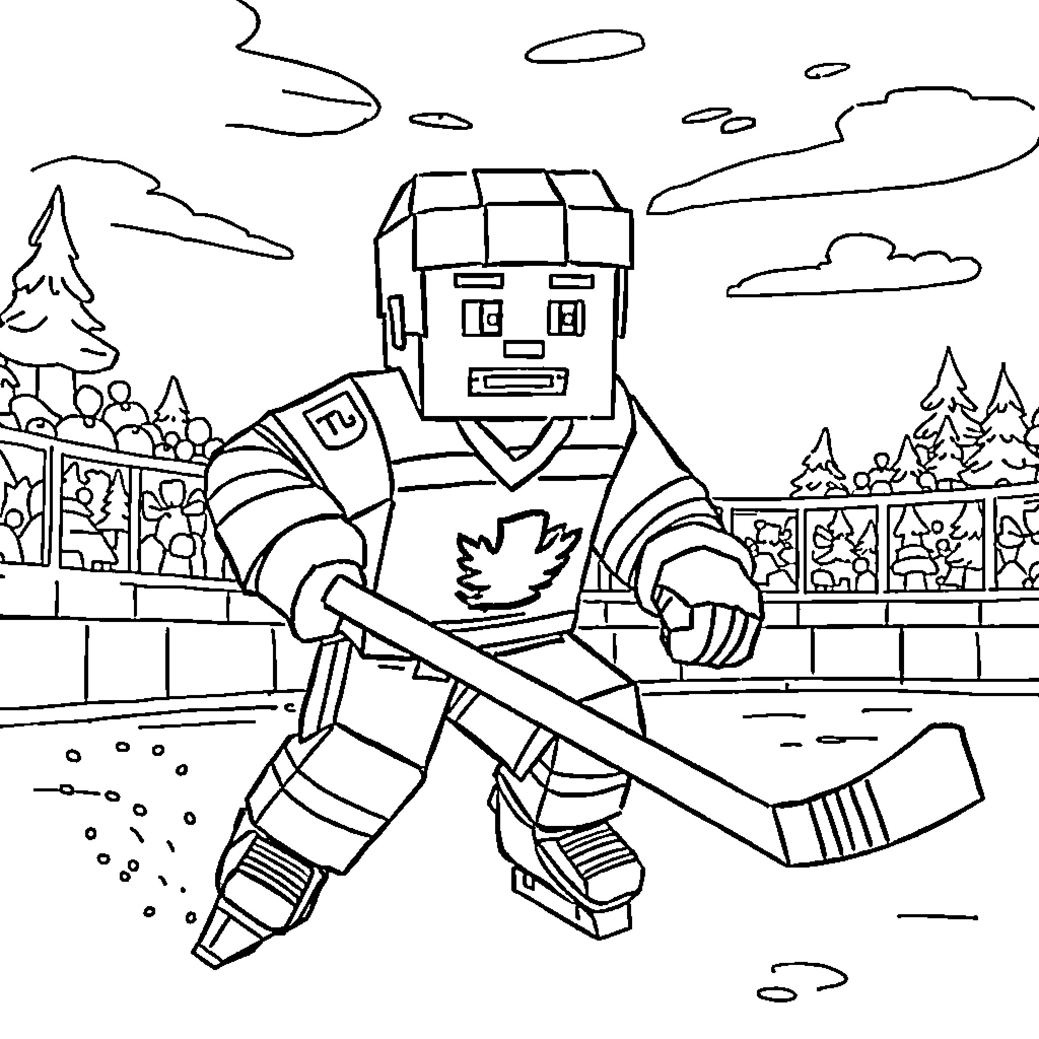 Steve playing hockey on a winter day Coloring Page (free black-and-white line drawing printable PDF for all, from beginners to advanced learners, including children, teens, adults, and seniors)