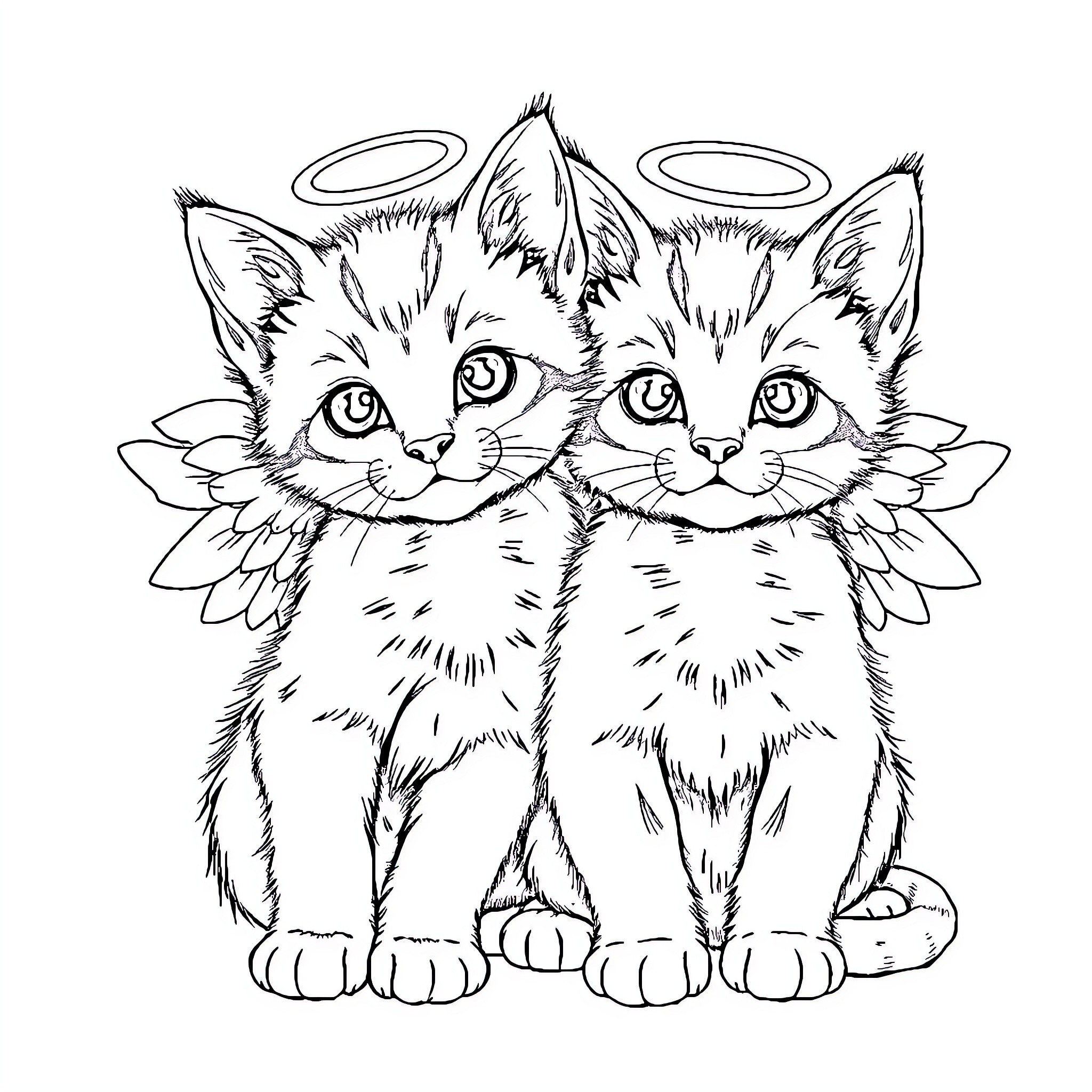 Kittens with angelic wings and halos Coloring Page (free black-and-white line drawing printable PDF for all, from beginners to advanced learners, including children, teens, adults, and seniors)
