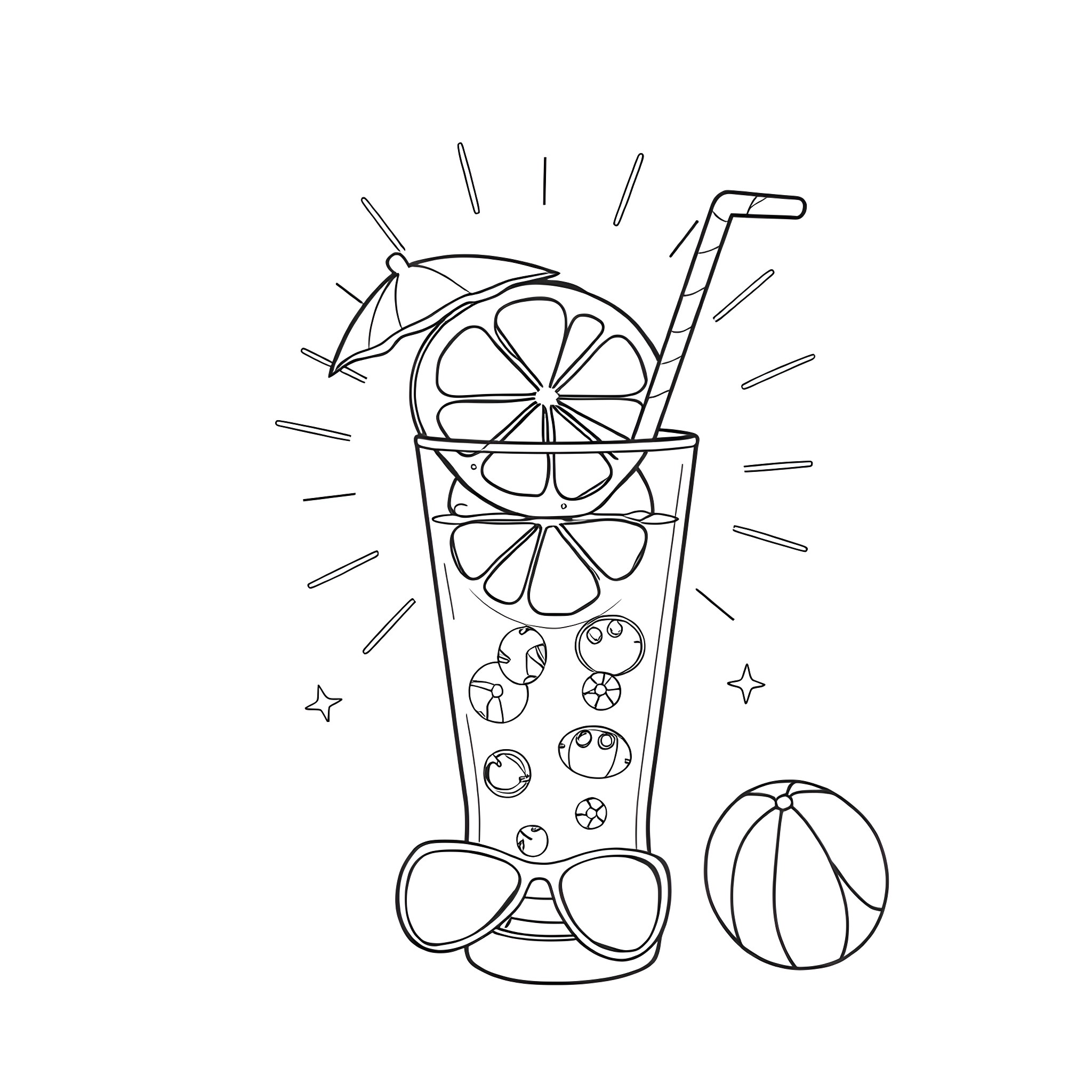 Lemon Refreshing Drink and Beach Accessories Coloring Page (free black-and-white line drawing printable PDF for all, from beginners to advanced learners, including children, teens, adults, and seniors)