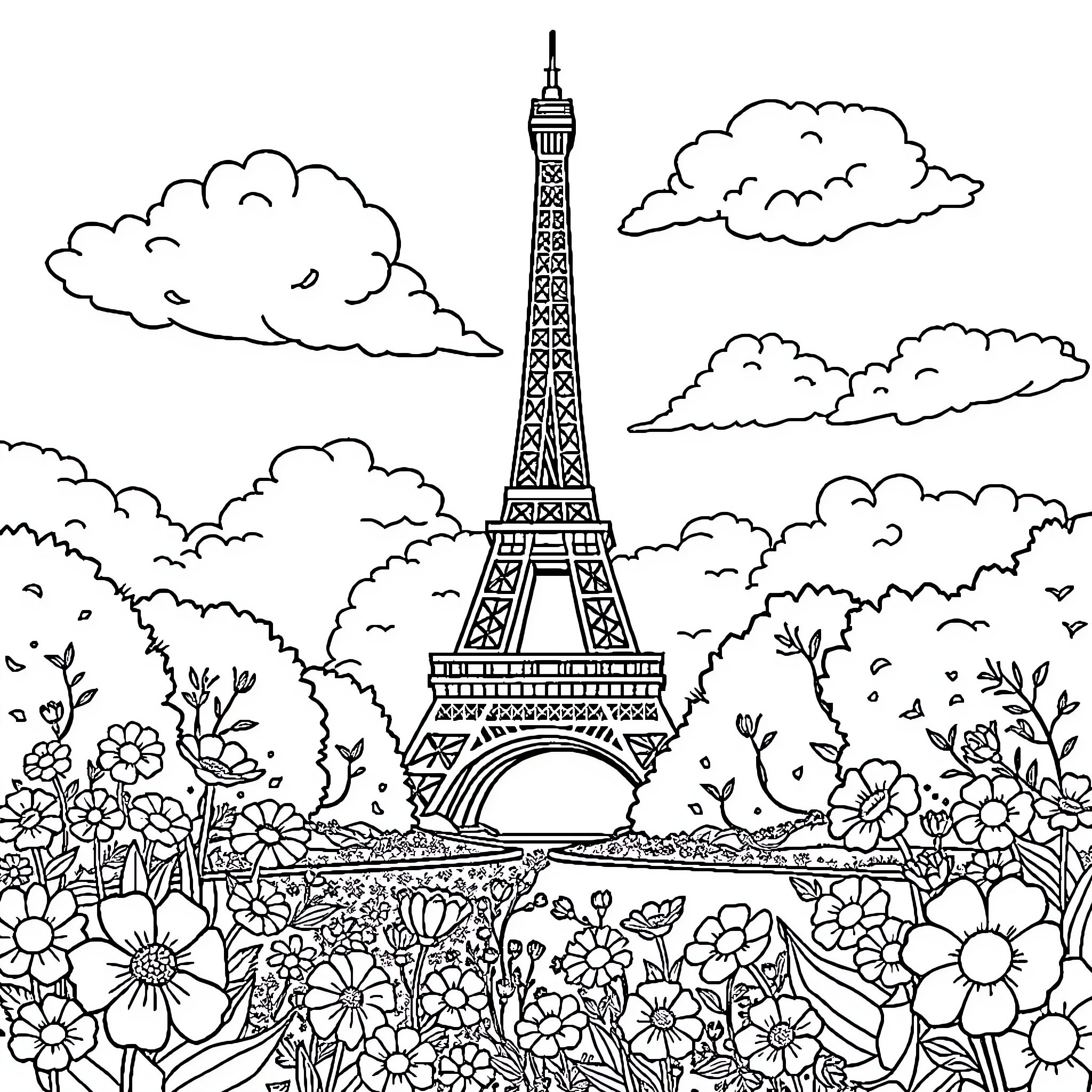 Eiffel Tower surrounded by lush flowers and clouds Coloring Page (free black-and-white line drawing printable PDF for all, from beginners to advanced learners, including children, teens, adults, and seniors)