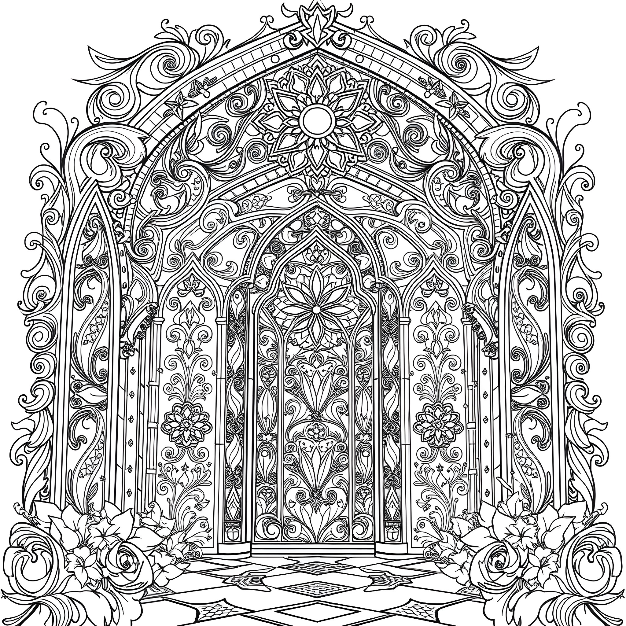 Stained Glass Cathedral Arch with Intricate Floral Designs Coloring Page (free black-and-white line drawing printable PDF for all, from beginners to advanced learners, including children, teens, adults, and seniors)