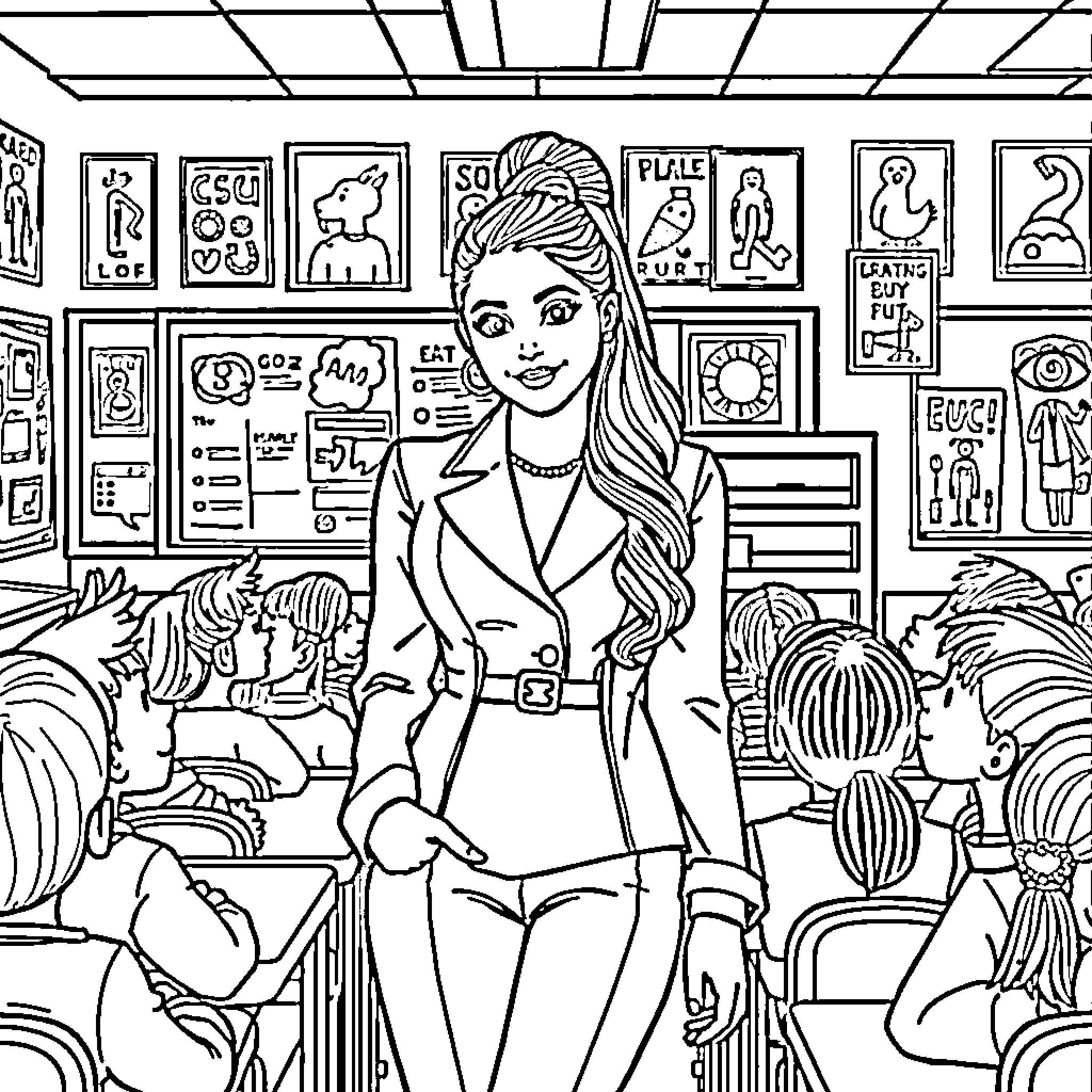 Ariana Grande in a stylish office setting Coloring Page (free black-and-white line drawing printable PDF for all, from beginners to advanced learners, including children, teens, adults, and seniors)