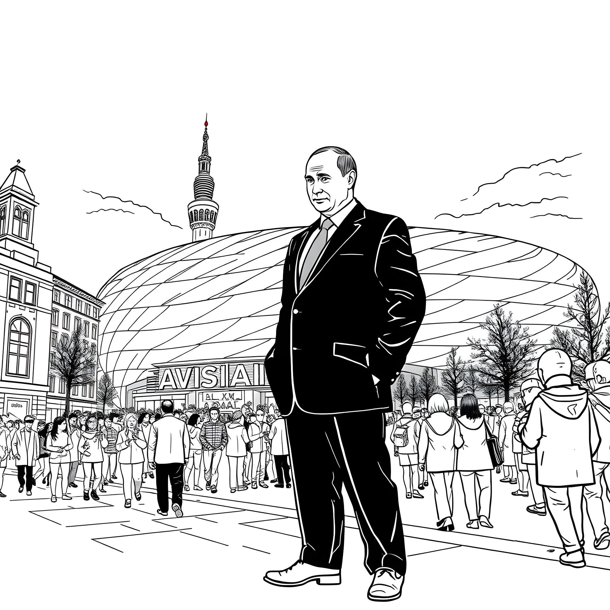 Putin in Suit Stands Proudly Amidst Crowd Coloring Page (free black-and-white line drawing printable PDF for all, from beginners to advanced learners, including children, teens, adults, and seniors)