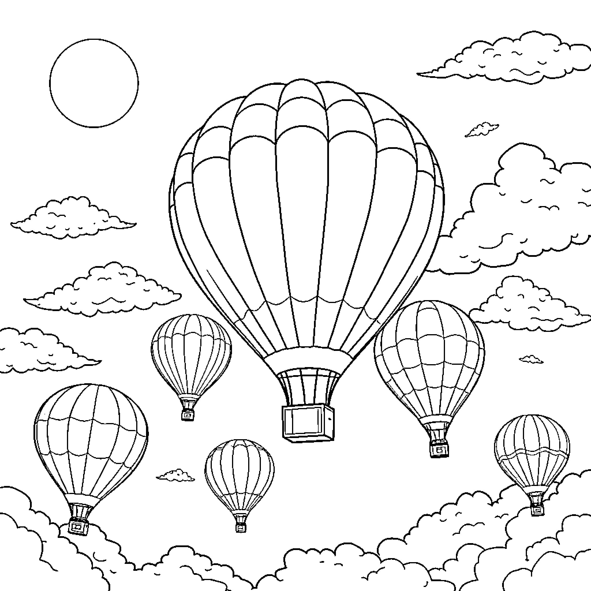 Hot Air Balloon Floating Among Cloudy Skies Coloring Page (free black-and-white line drawing printable PDF for all, from beginners to advanced learners, including children, teens, adults, and seniors)