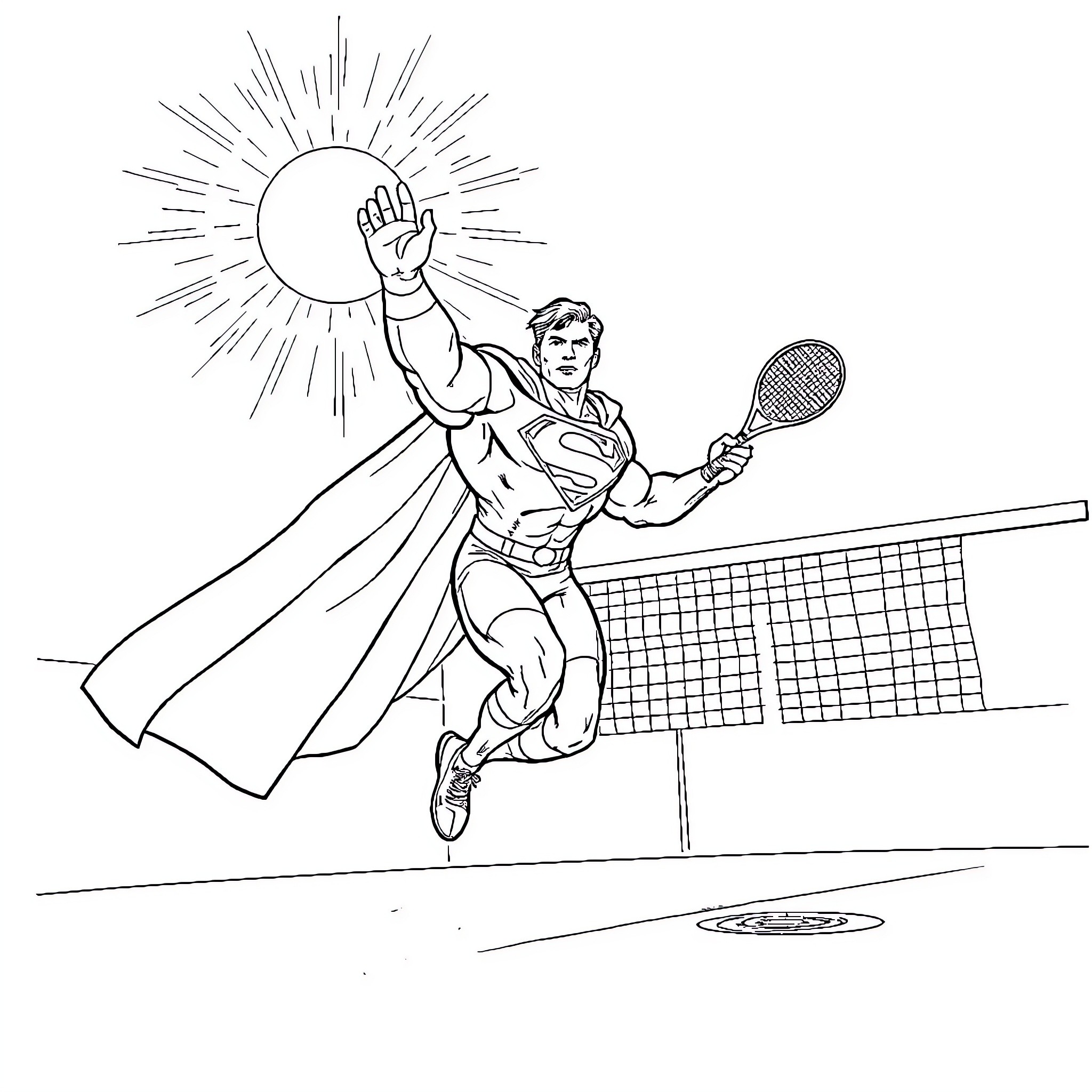Superman playing tennis with superhero powers Coloring Page (free black-and-white line drawing printable PDF for all, from beginners to advanced learners, including children, teens, adults, and seniors)