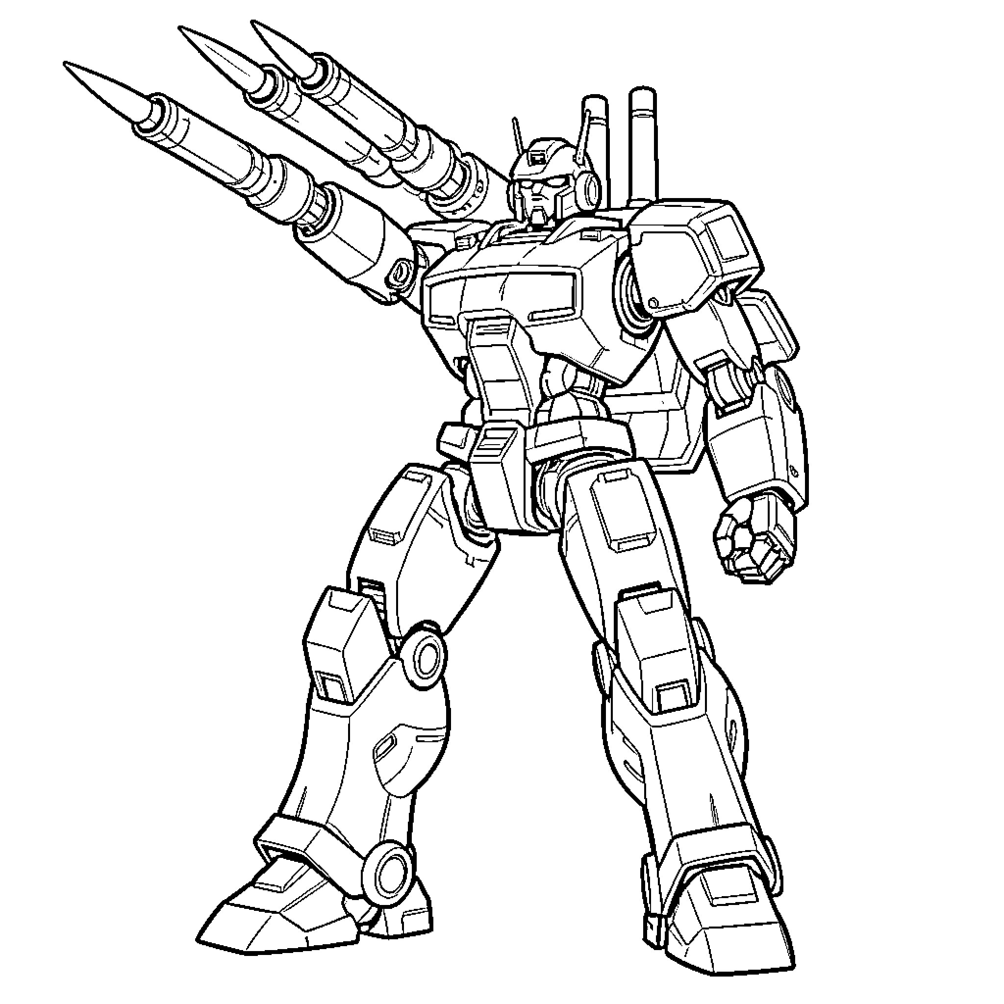 Robot standing tall with large weapon attachments Coloring Page (free black-and-white line drawing printable PDF for all, from beginners to advanced learners, including children, teens, adults, and seniors)