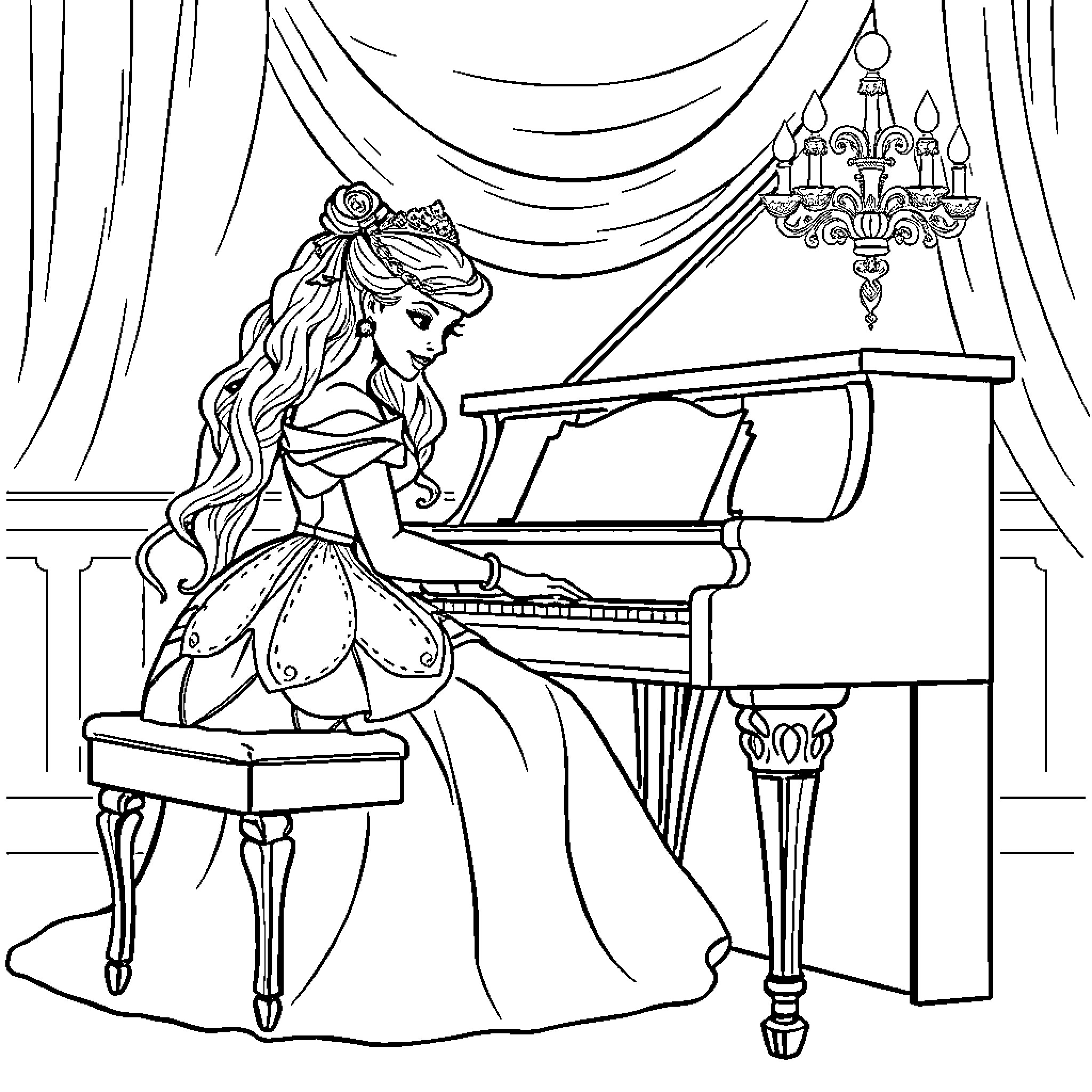 Princess playing elegant grand piano in decorated ballroom Coloring Page (free black-and-white line drawing printable PDF for all, from beginners to advanced learners, including children, teens, adults, and seniors)