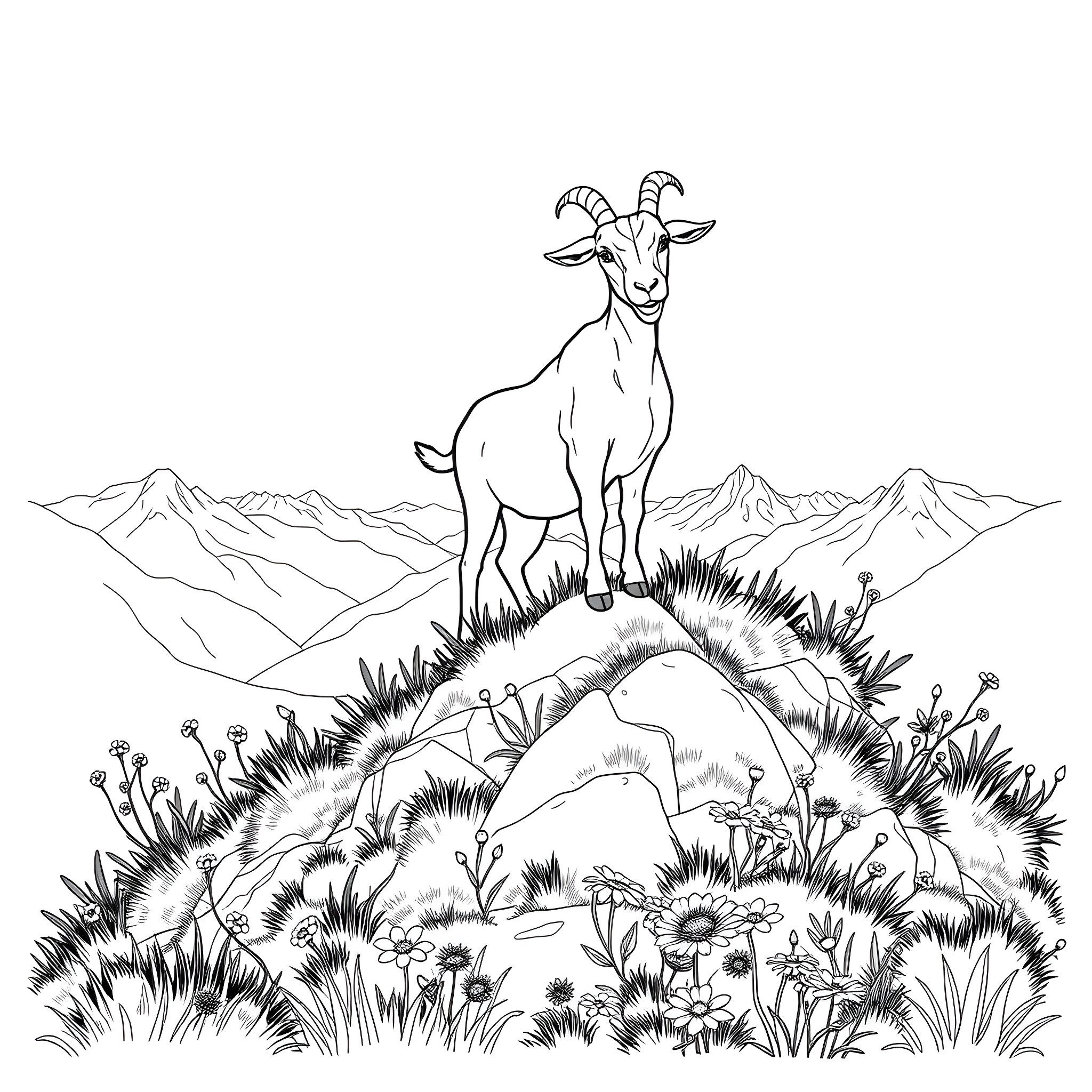 Goat standing atop a grassy hill surrounded by flowers Coloring Page (free black-and-white line drawing printable PDF for all, from beginners to advanced learners, including children, teens, adults, and seniors)