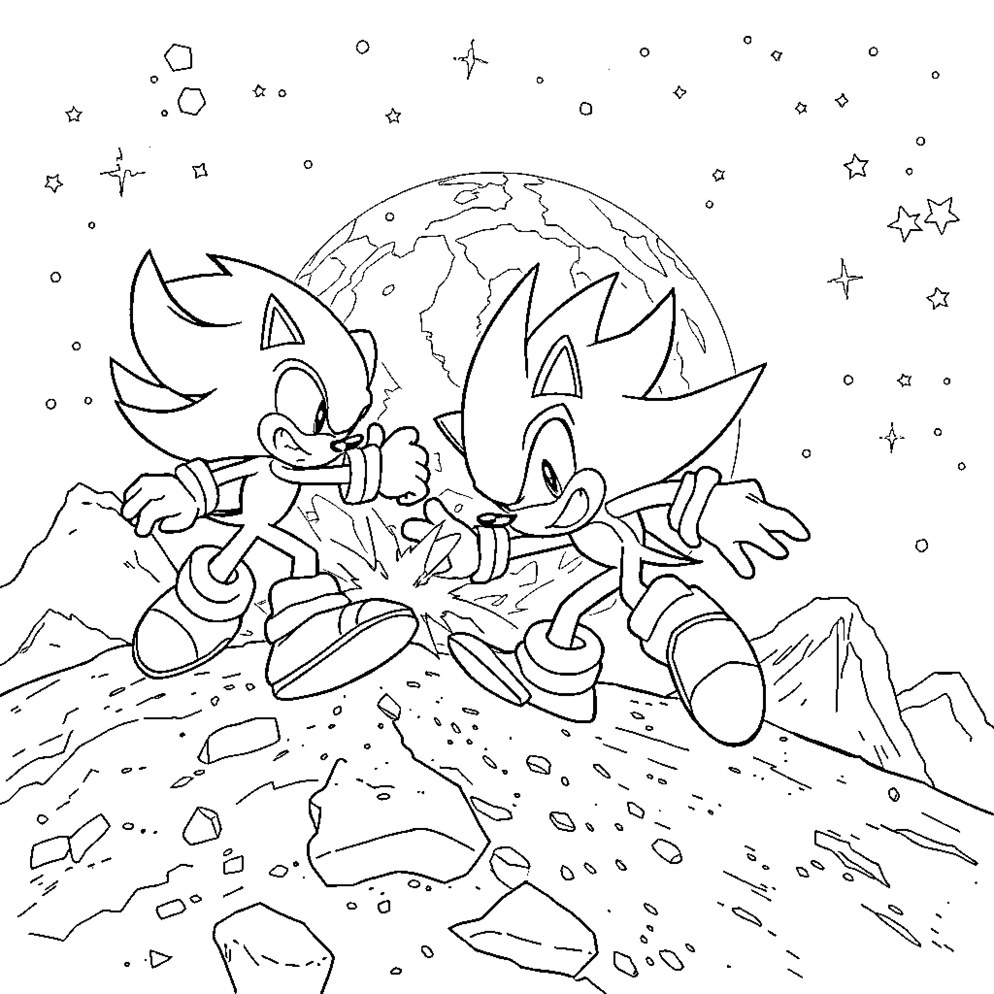 Sonic and friends on an interstellar adventure Coloring Page (free black-and-white line drawing printable PDF for all, from beginners to advanced learners, including children, teens, adults, and seniors)
