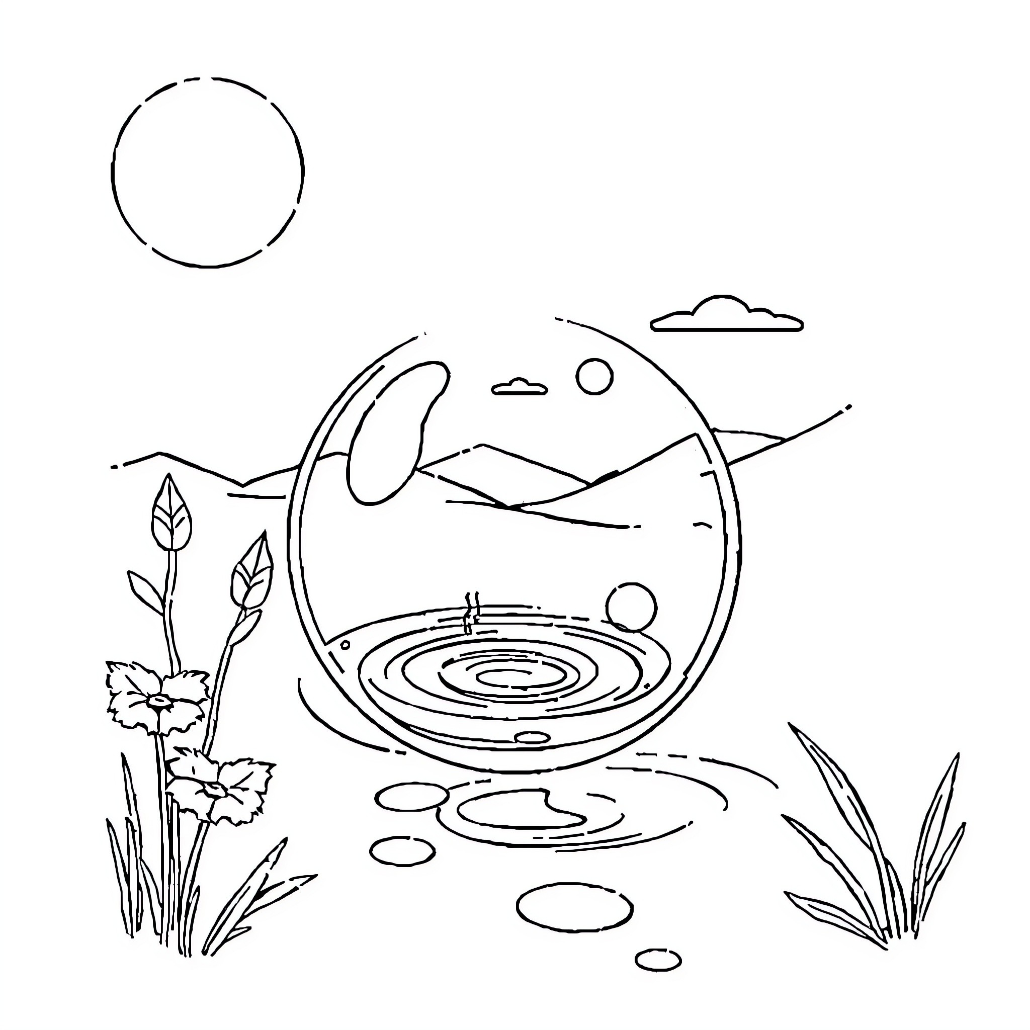 Water landscape with circular ripples Coloring Page (free black-and-white line drawing printable PDF for all, from beginners to advanced learners, including children, teens, adults, and seniors)