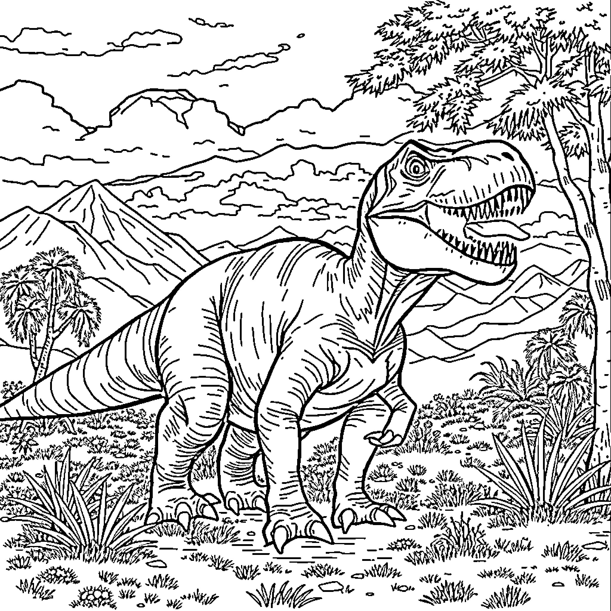 T-Rex roaming the prehistoric landscape Coloring Page (free black-and-white line drawing printable PDF for all, from beginners to advanced learners, including children, teens, adults, and seniors)