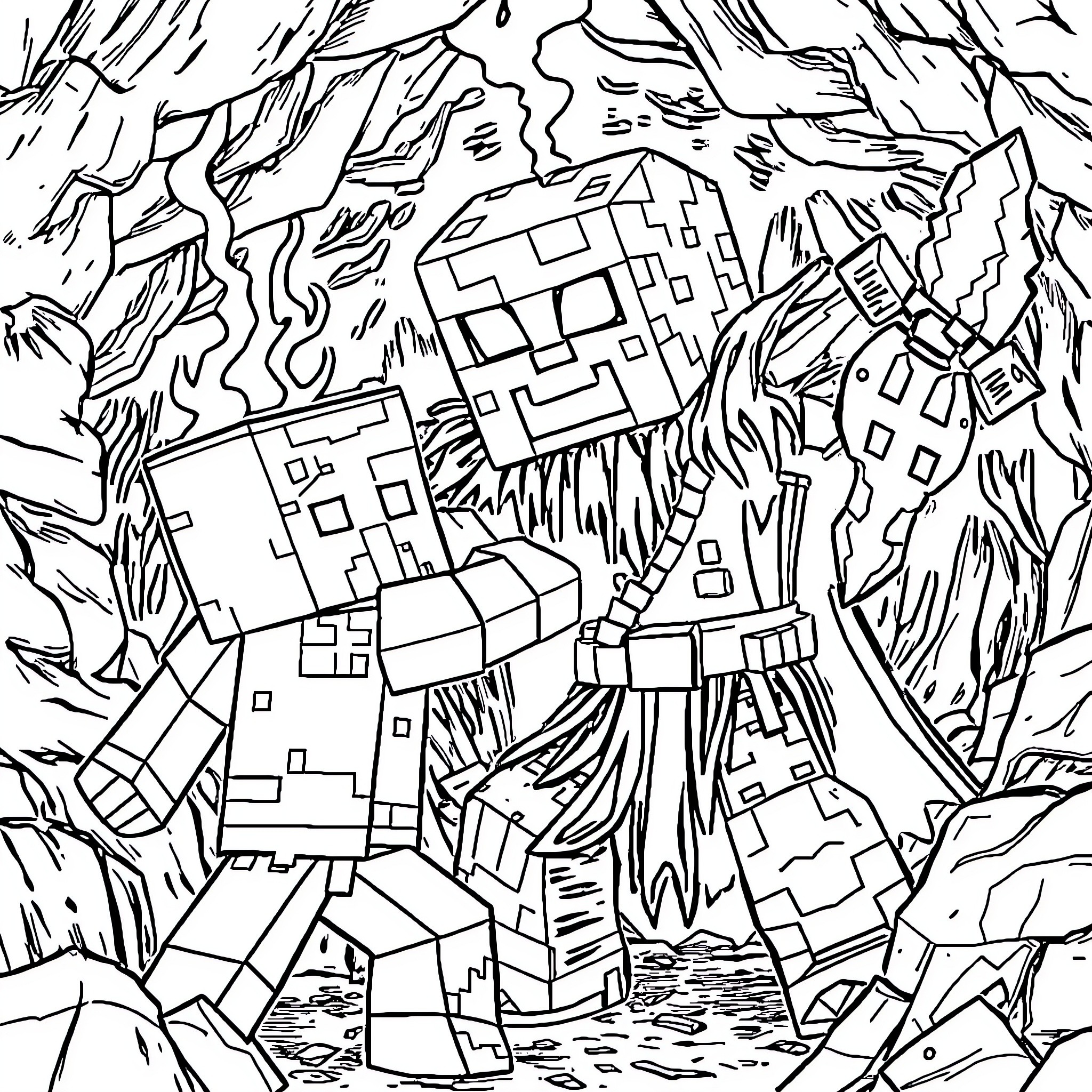 Warden surveying the destruction in a pixelated landscape Coloring Page (free black-and-white line drawing printable PDF for all, from beginners to advanced learners, including children, teens, adults, and seniors)