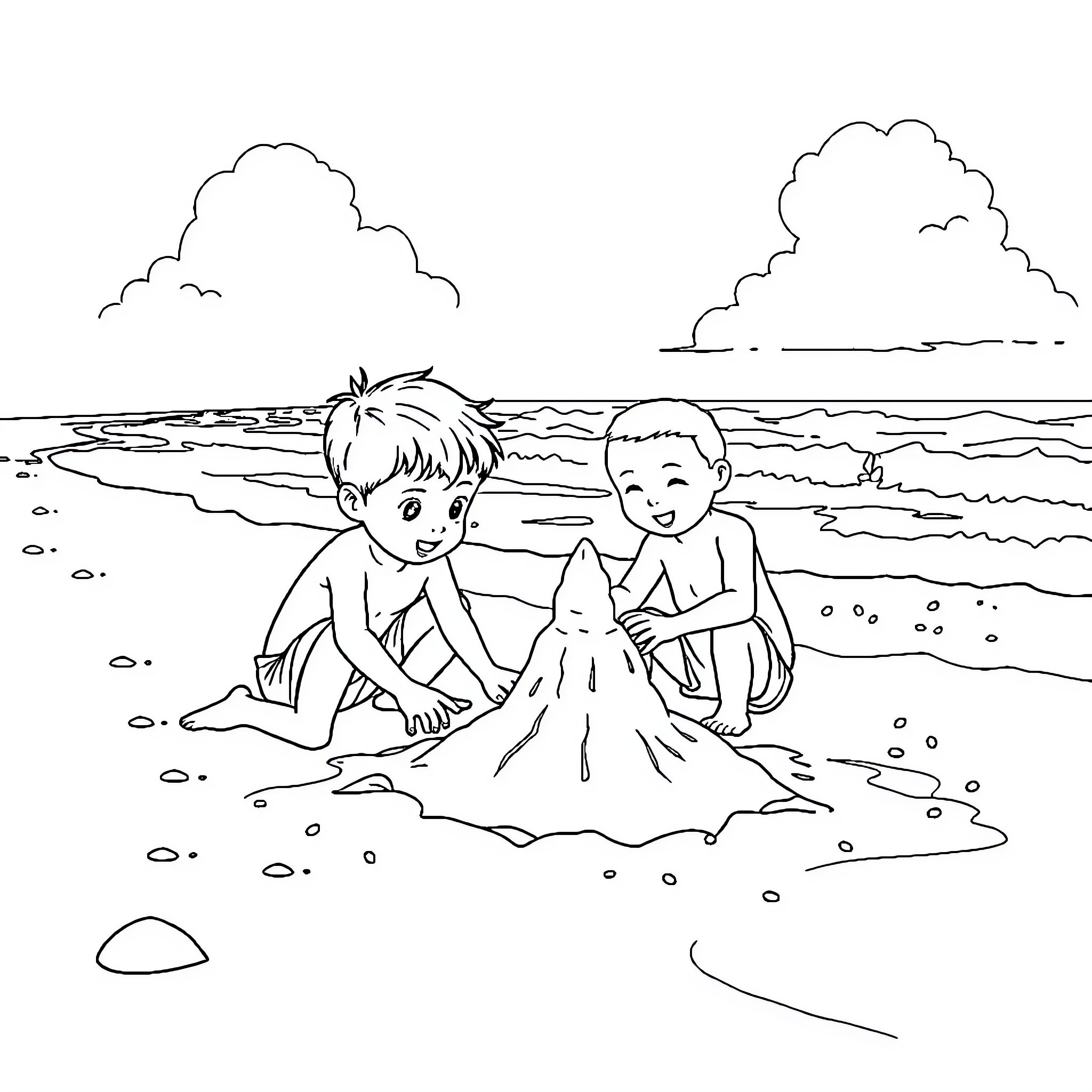 Brothers playing joyfully in the sand Coloring Page (free black-and-white line drawing printable PDF for all, from beginners to advanced learners, including children, teens, adults, and seniors)