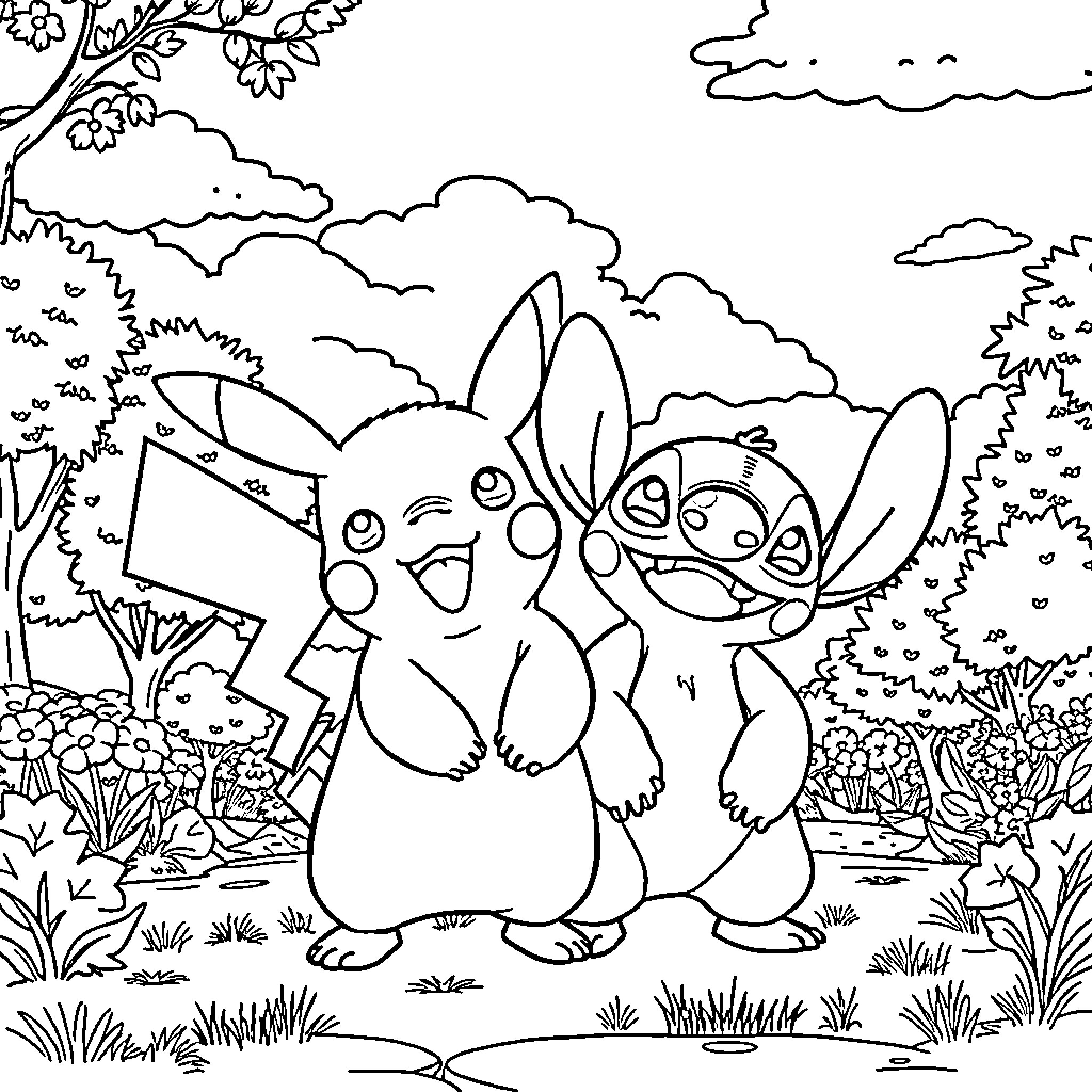 Pikachu playing with adorable Stitch in nature Coloring Page (free black-and-white line drawing printable PDF for all, from beginners to advanced learners, including children, teens, adults, and seniors)