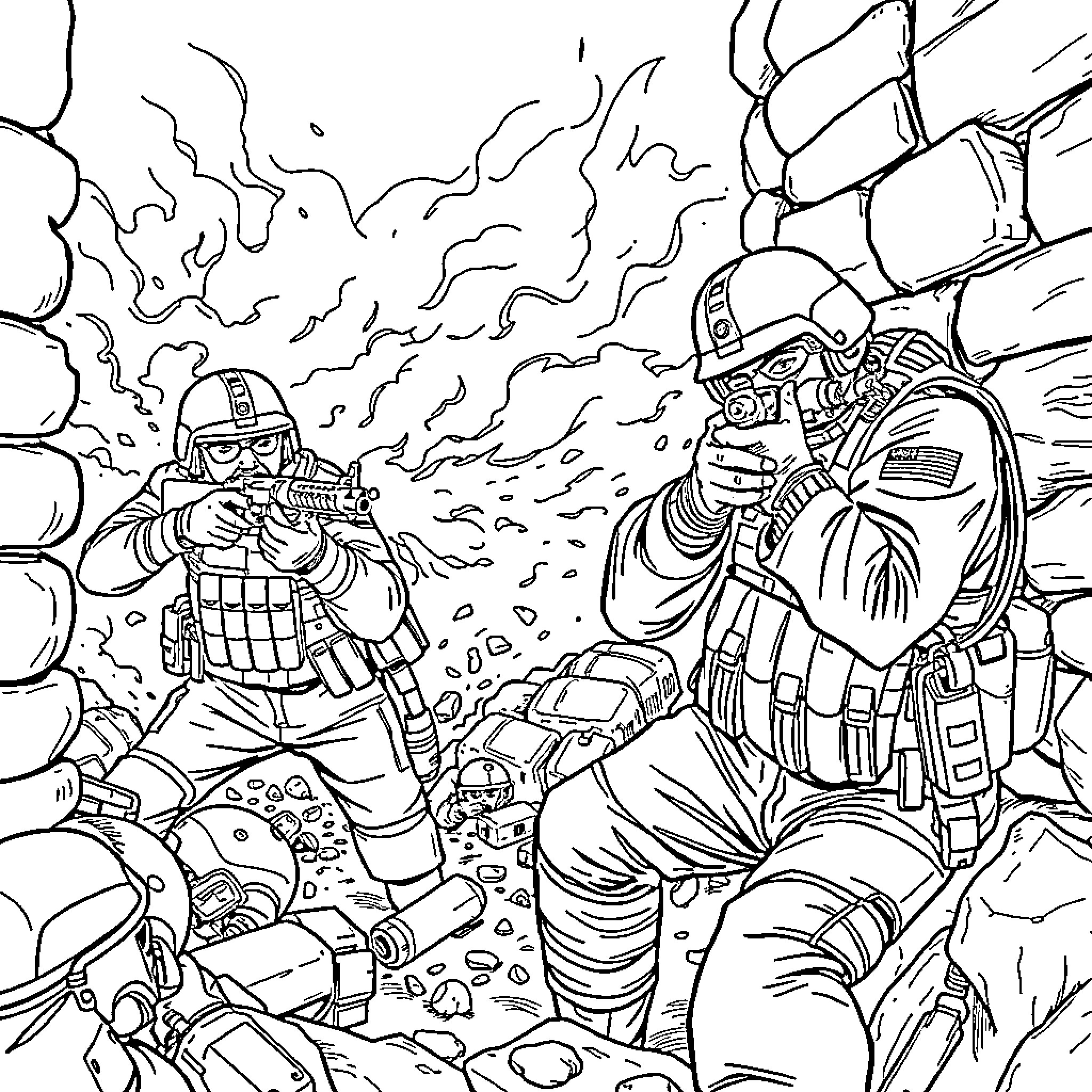 Military Soldiers in Intense Combat Scene Coloring Page (free black-and-white line drawing printable PDF for all, from beginners to advanced learners, including children, teens, adults, and seniors)