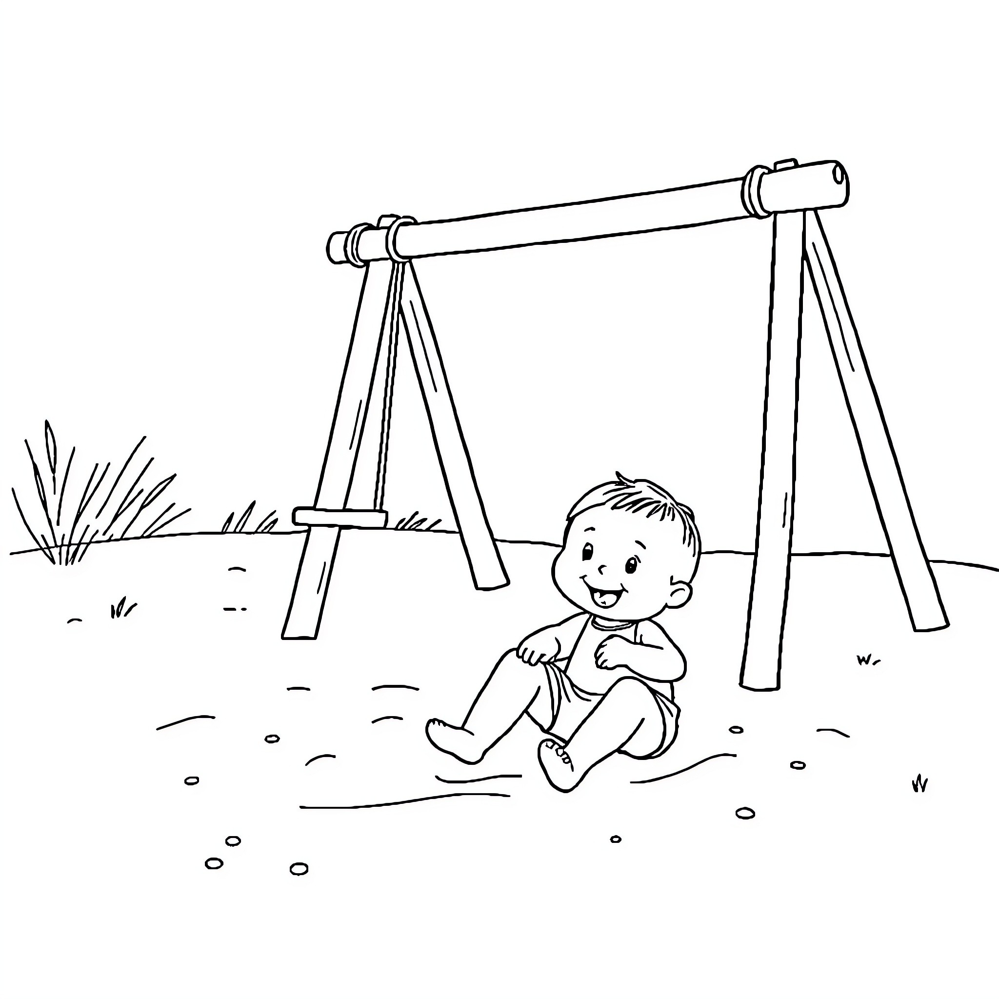 Boy playing happily on a swing set Coloring Page (free black-and-white line drawing printable PDF for all, from beginners to advanced learners, including children, teens, adults, and seniors)