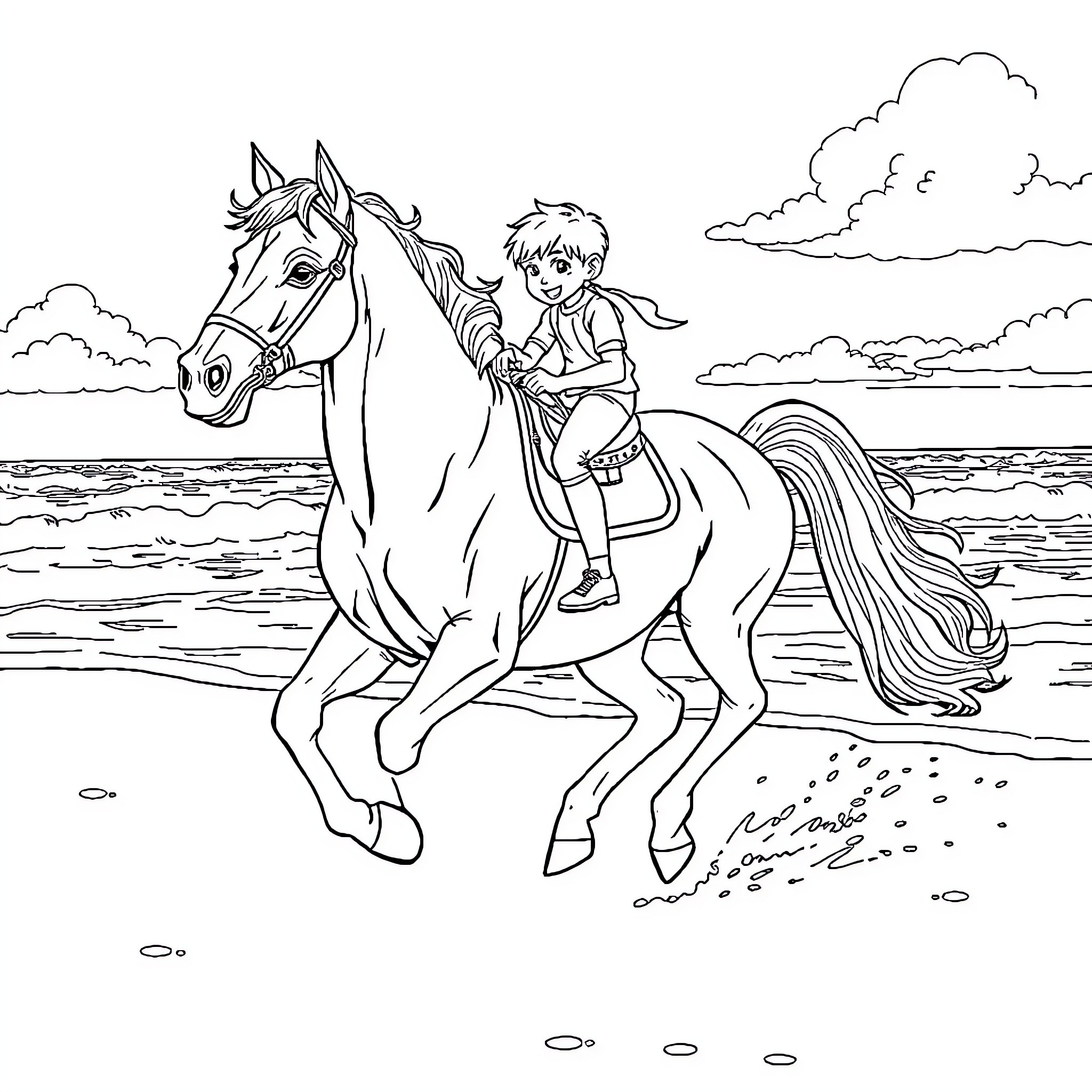 Horse and rider galloping along the beach Coloring Page (free black-and-white line drawing printable PDF for all, from beginners to advanced learners, including children, teens, adults, and seniors)
