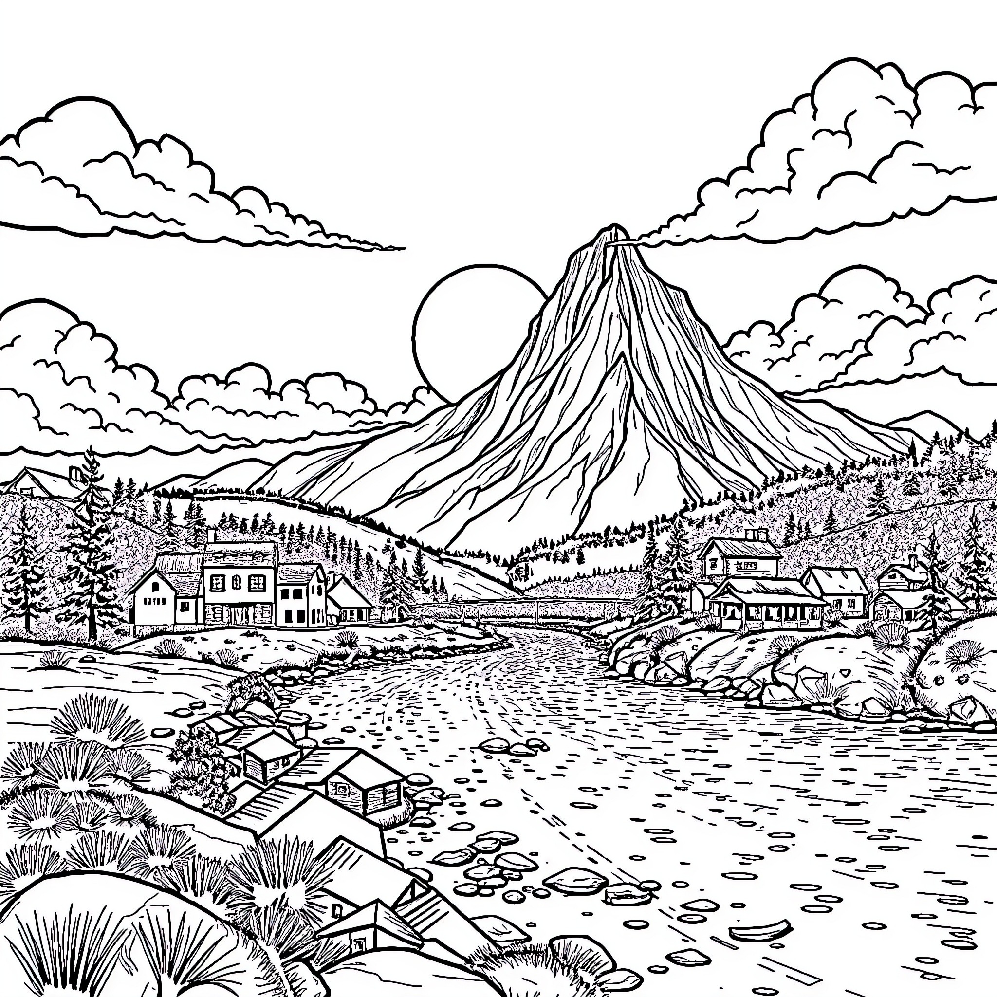 River flowing through a scenic mountain town Coloring Page (free black-and-white line drawing printable PDF for all, from beginners to advanced learners, including children, teens, adults, and seniors)