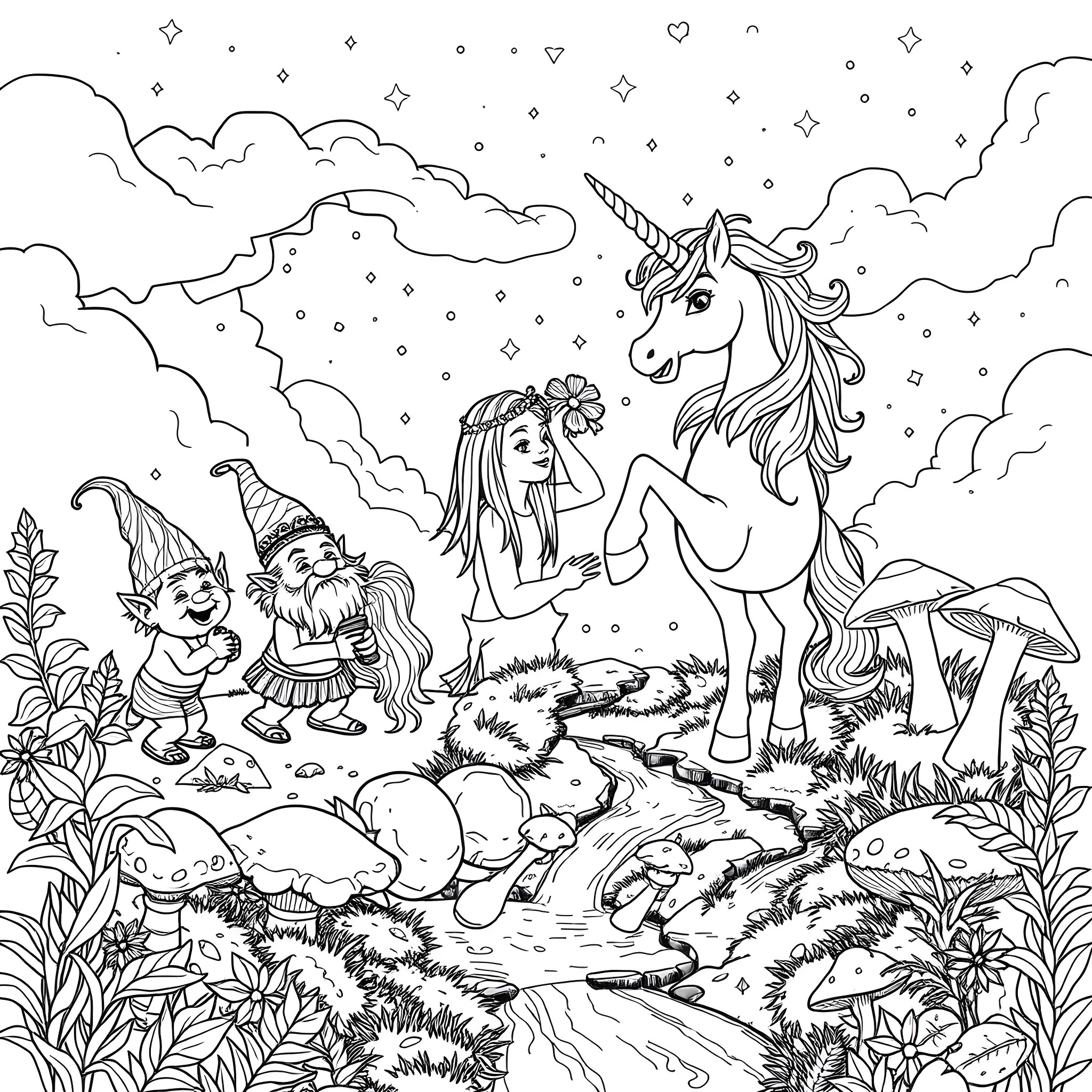 Troll and unicorn in a magical forest scene Coloring Page (free black-and-white line drawing printable PDF for all, from beginners to advanced learners, including children, teens, adults, and seniors)