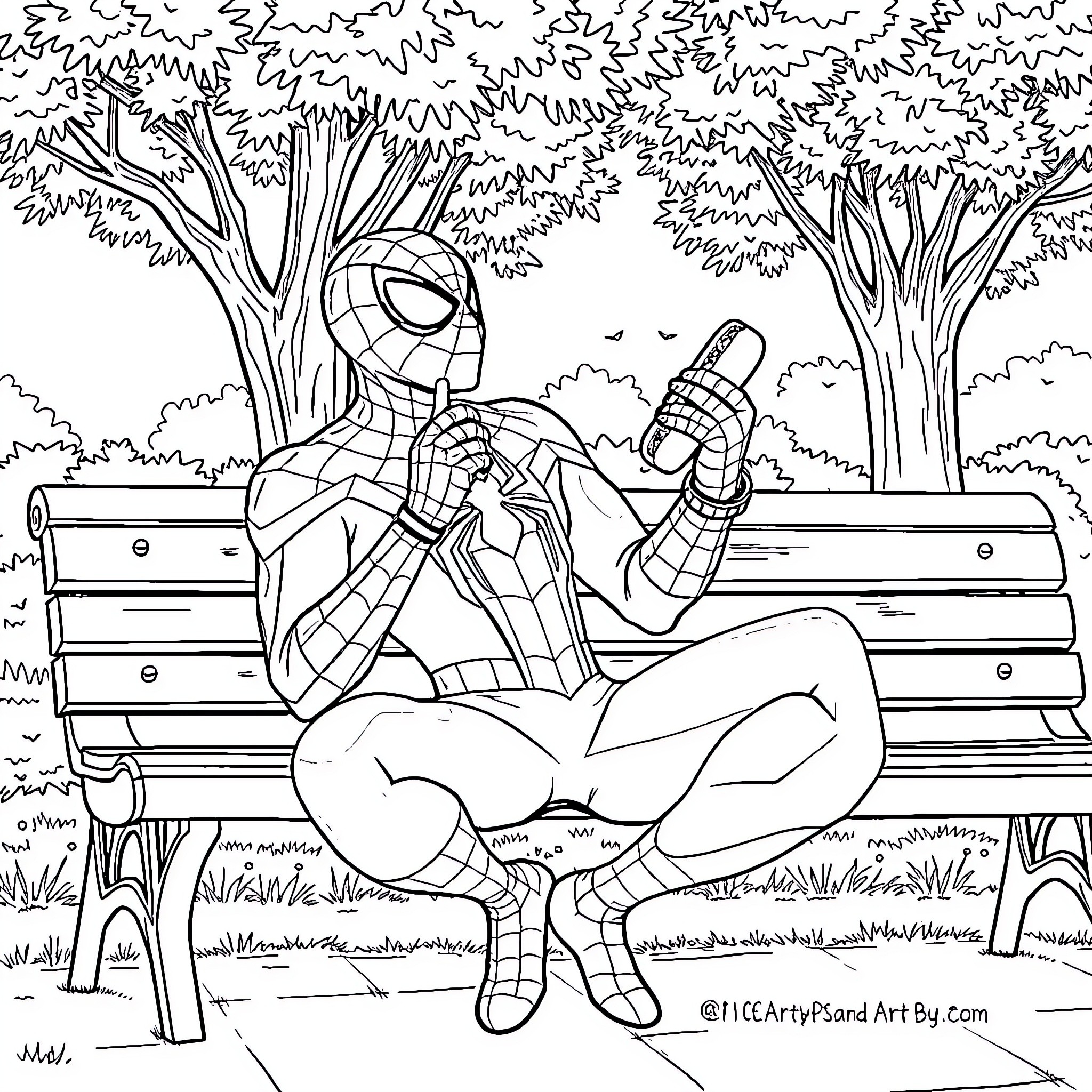 Spiderman resting on park bench after heroic deeds Coloring Page (free black-and-white line drawing printable PDF for all, from beginners to advanced learners, including children, teens, adults, and seniors)