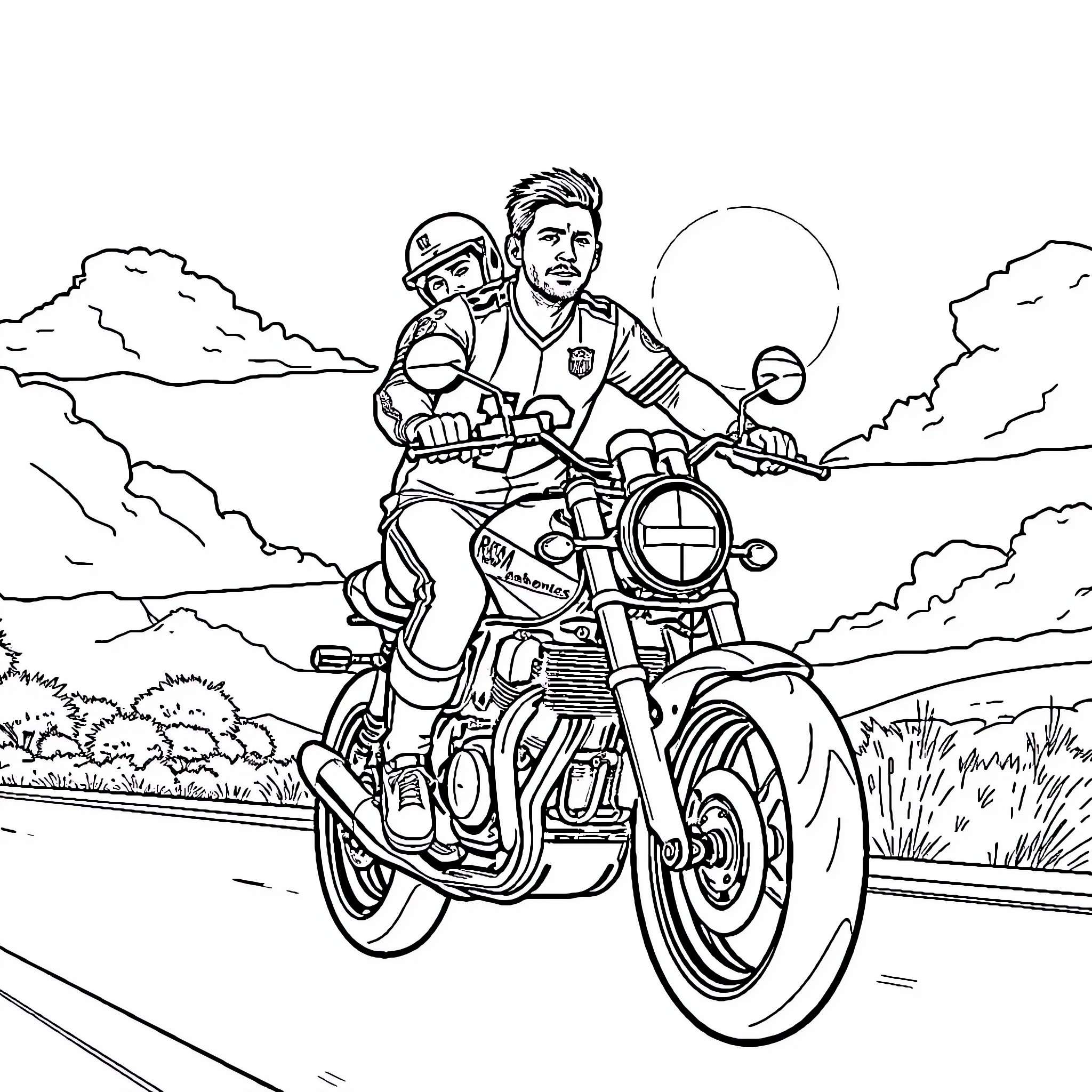 Patrick Mahomes riding a motorcycle on an open road Coloring Page (free black-and-white line drawing printable PDF for all, from beginners to advanced learners, including children, teens, adults, and seniors)