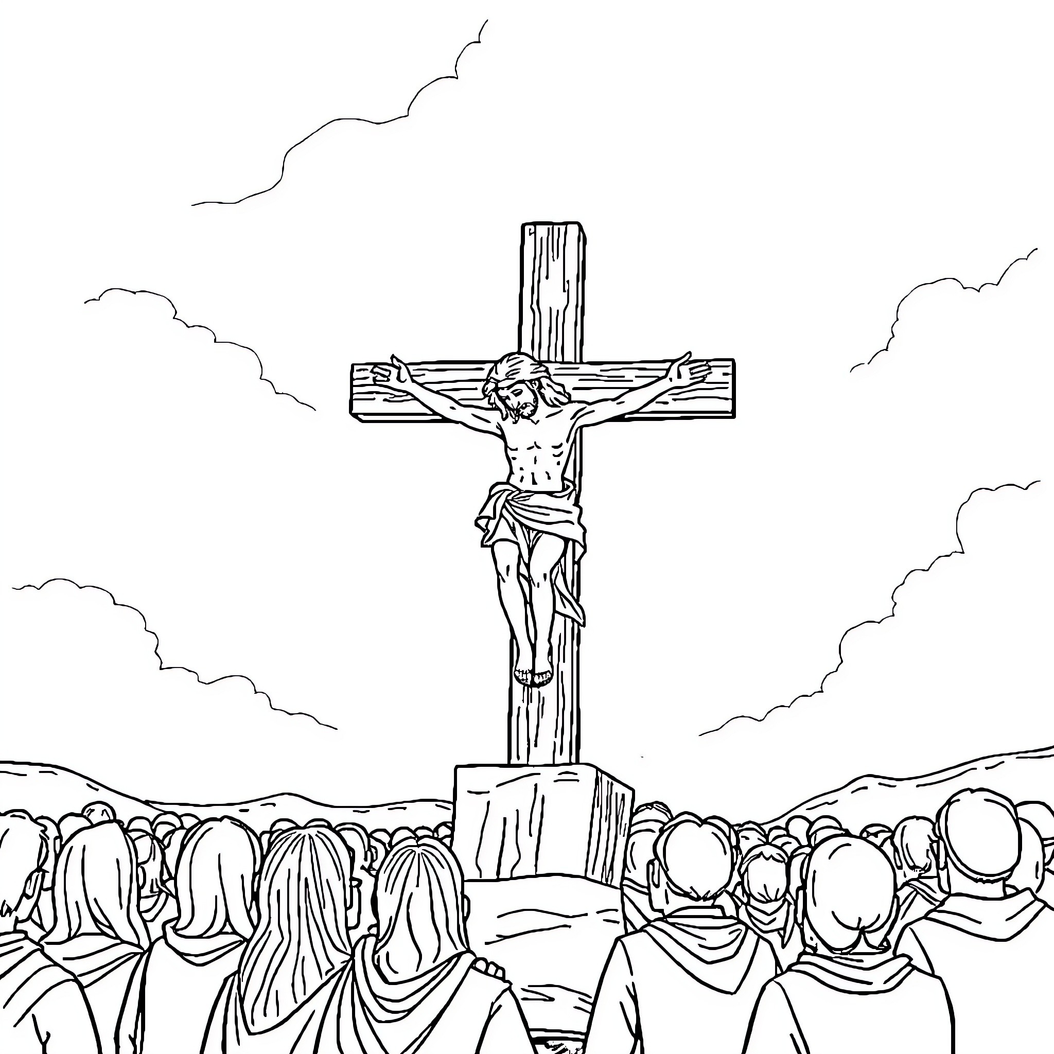 Jesus crucifixion witnessed by the crowd Coloring Page (free black-and-white line drawing printable PDF for all, from beginners to advanced learners, including children, teens, adults, and seniors)