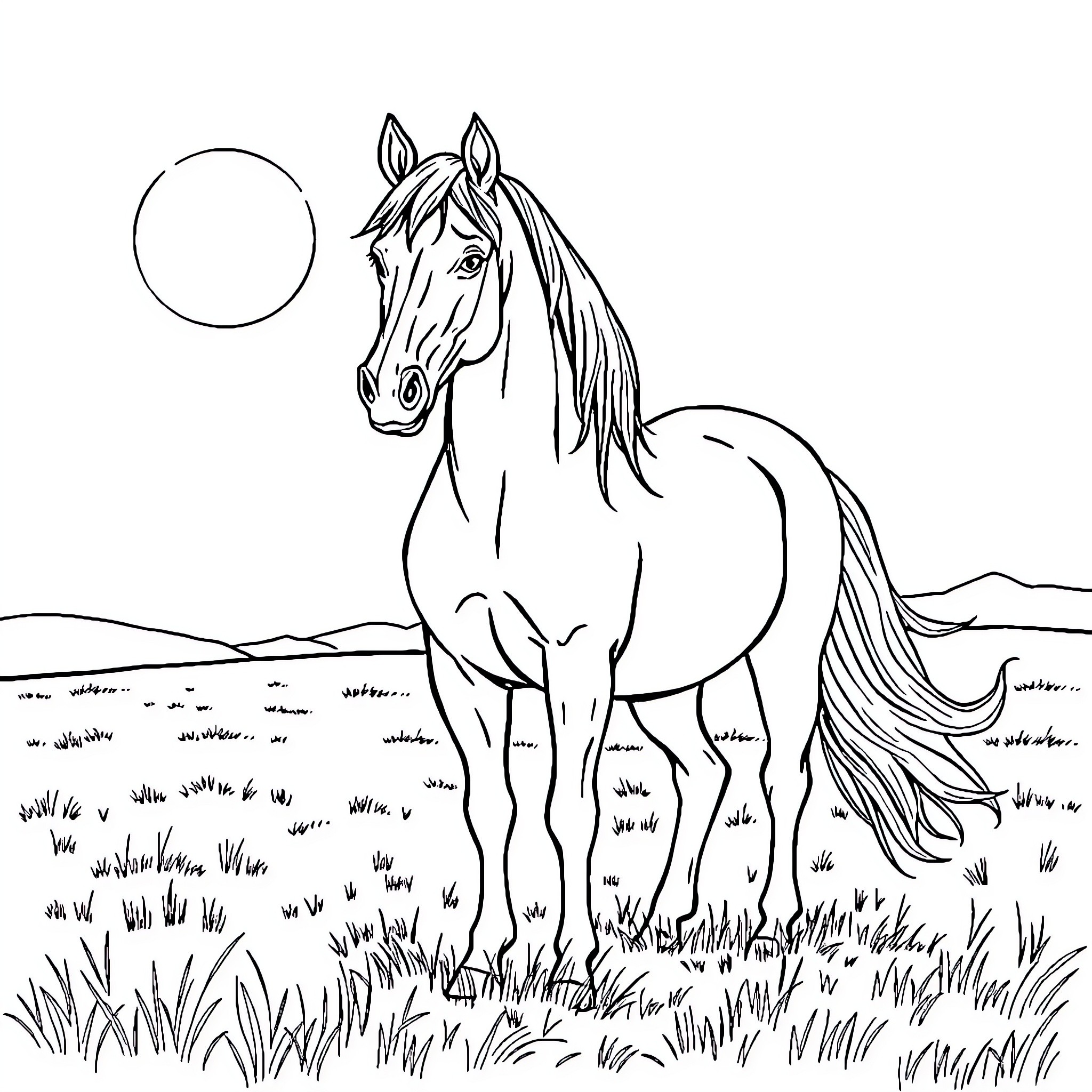 Horse standing proudly in a grassy field Coloring Page (free black-and-white line drawing printable PDF for all, from beginners to advanced learners, including children, teens, adults, and seniors)